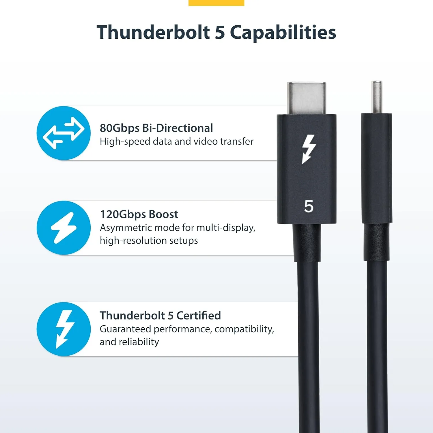 StarTech.com 1.5ft (50cm) Thunderbolt 5 Cable, 80Gbps/120Gbps, 240W PD, 8K 60Hz, Thunderbolt Certified, TB5/TB4/USB4/USB-C