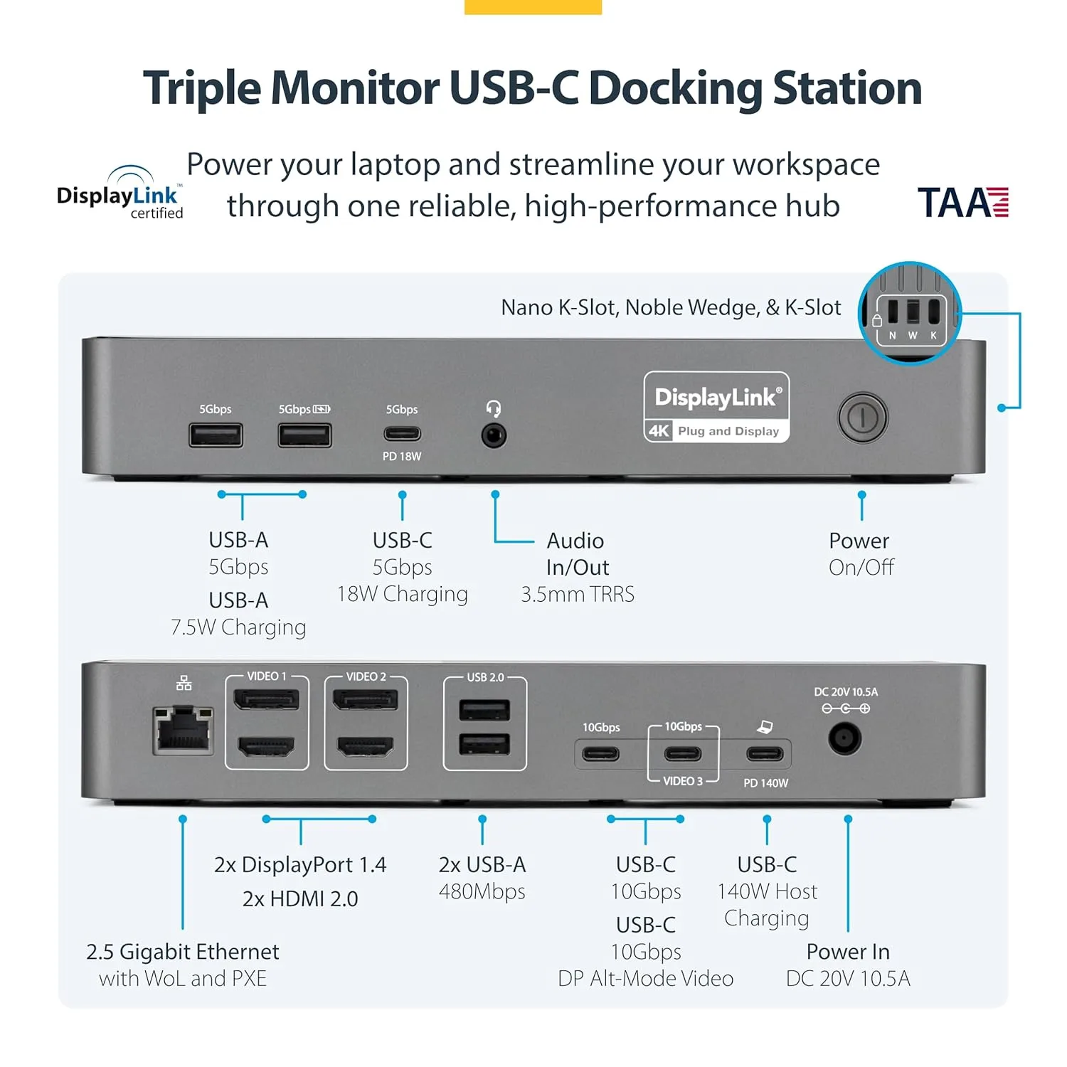 StarTech.com Triple Monitor USB-C Docking Station, 4K 60Hz DisplayLink Dock for MacBook M1 M2 M3 M4 & Windows, 2.5GbE