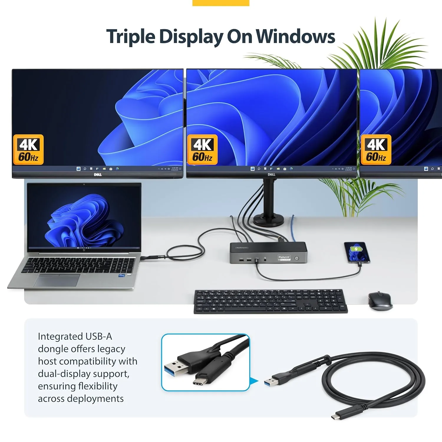 StarTech.com Triple Monitor USB-C Docking Station, 4K 60Hz DisplayLink Dock for MacBook M1 M2 M3 M4 & Windows, 2.5GbE