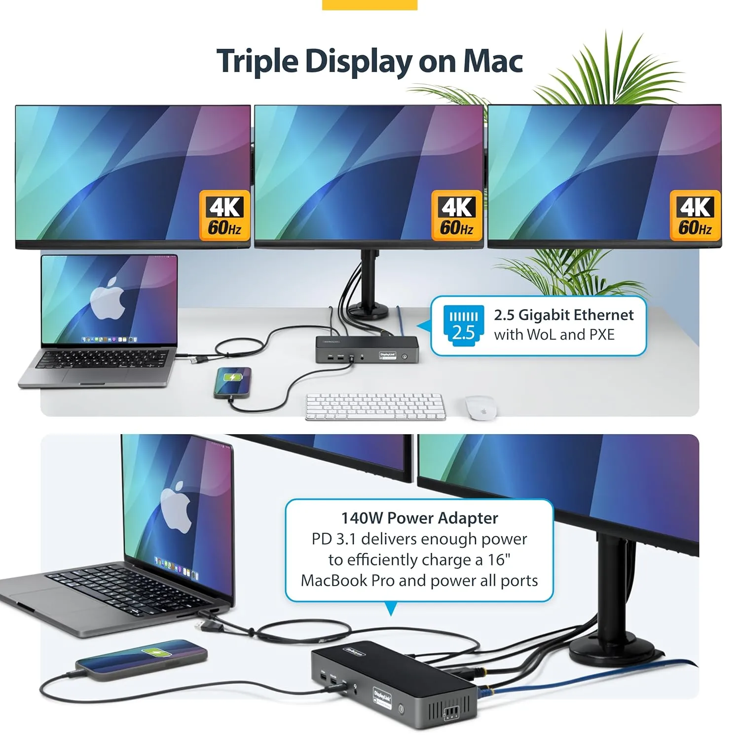 StarTech.com Triple Monitor USB-C Docking Station, 4K 60Hz DisplayLink Dock for MacBook M1 M2 M3 M4 & Windows, 2.5GbE