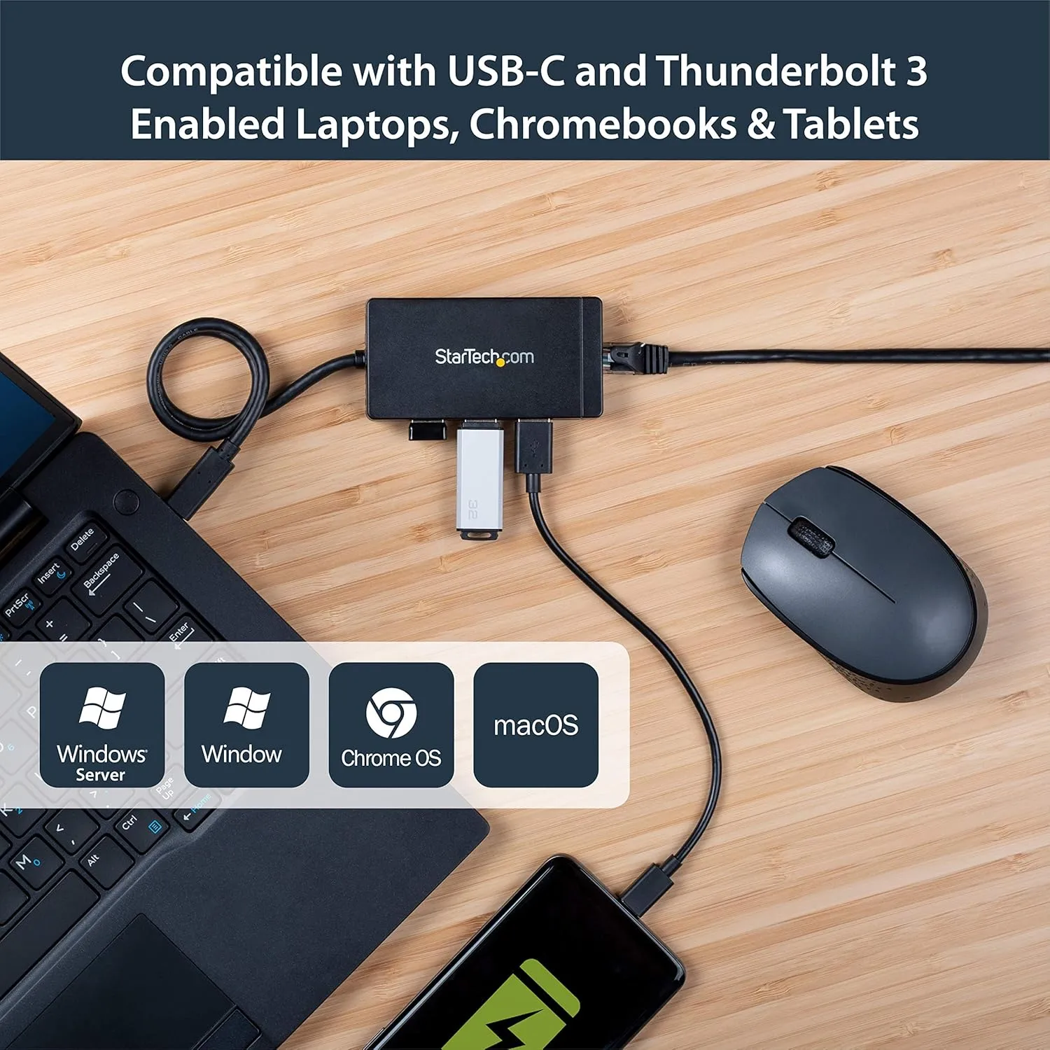StarTech.com USB-C to Ethernet Adapter - Gigabit - 3 Port USB C to USB Hub and Power Adapter - Thunderbolt 3 Compatible