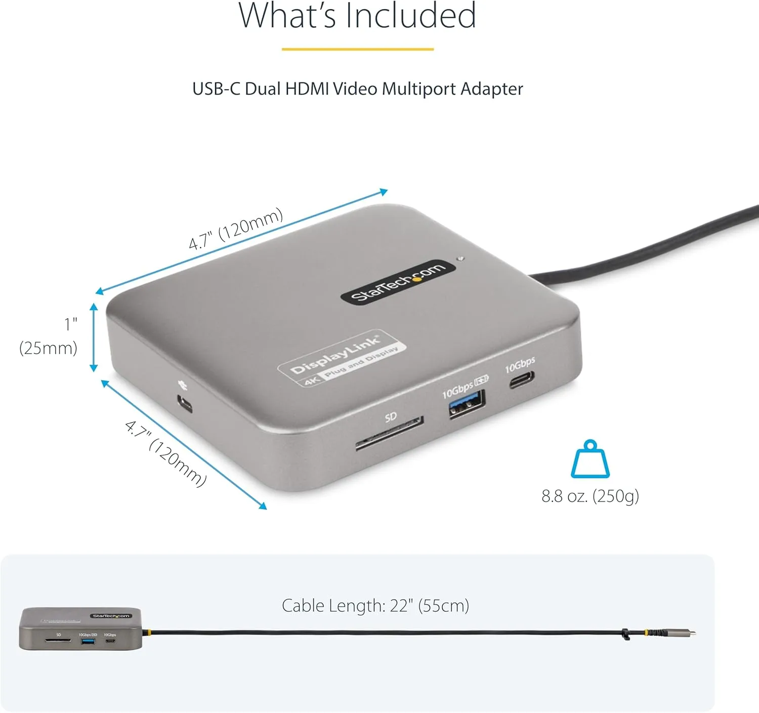 StarTech.com USB C Docking Station, Dual 4K 60Hz HDMI Hub for MacBook Pro (M1/M2/M3/M4) and Windows, USB-A/USB-C 10Gbps Hub