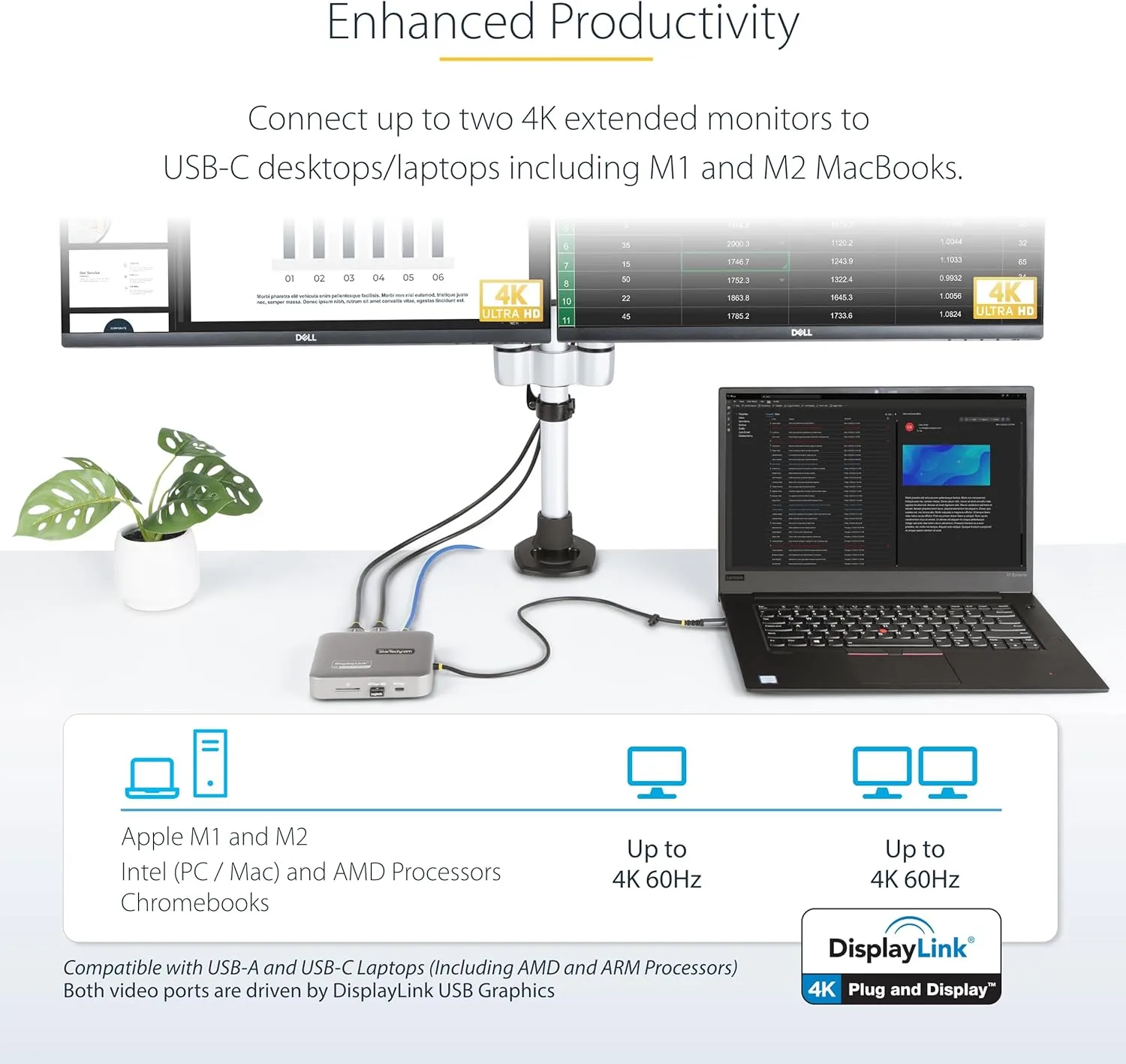 StarTech.com USB C Docking Station, Dual 4K 60Hz HDMI Hub for MacBook Pro (M1/M2/M3/M4) and Windows, USB-A/USB-C 10Gbps Hub