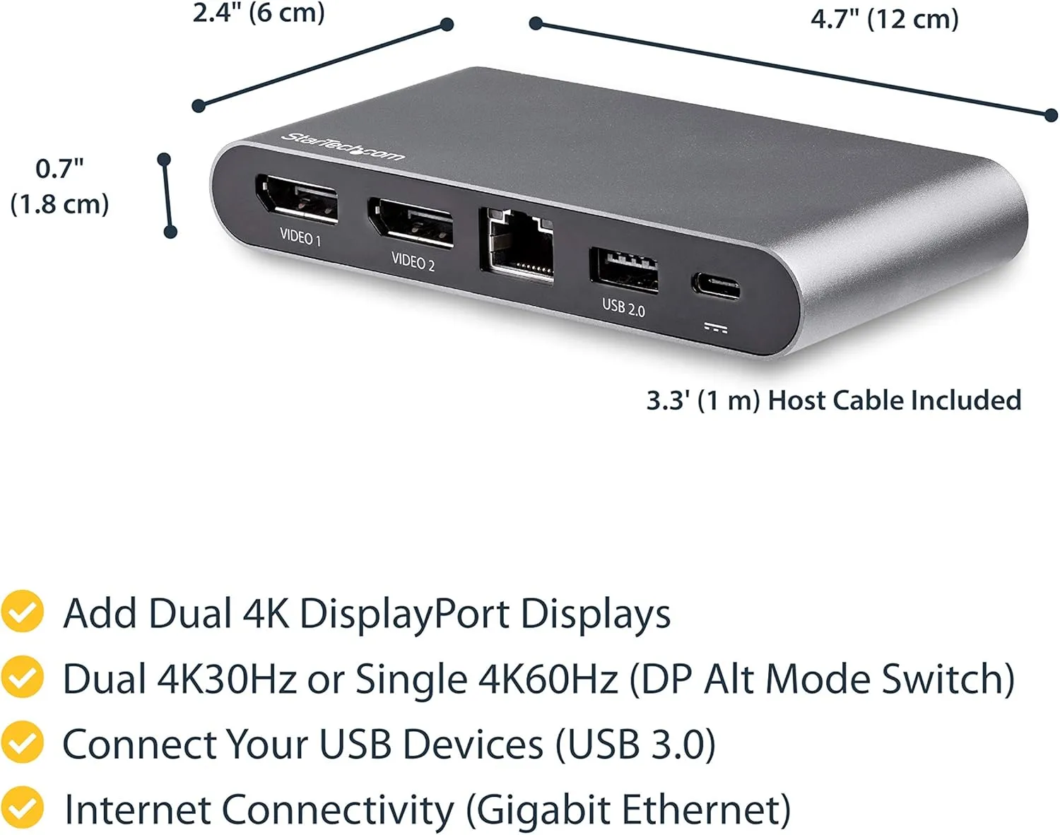 StarTech.com USB-C Multiport Adapter - Dual-Monitor - Windows - USB-C to Dual 4K DisplayPort Adapter - 2X USB-A Ports