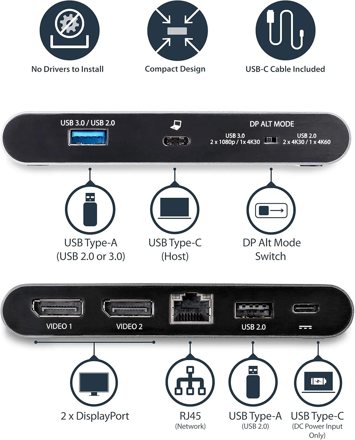 StarTech.com USB-C Multiport Adapter - Dual-Monitor - Windows - USB-C to Dual 4K DisplayPort Adapter - 2X USB-A Ports