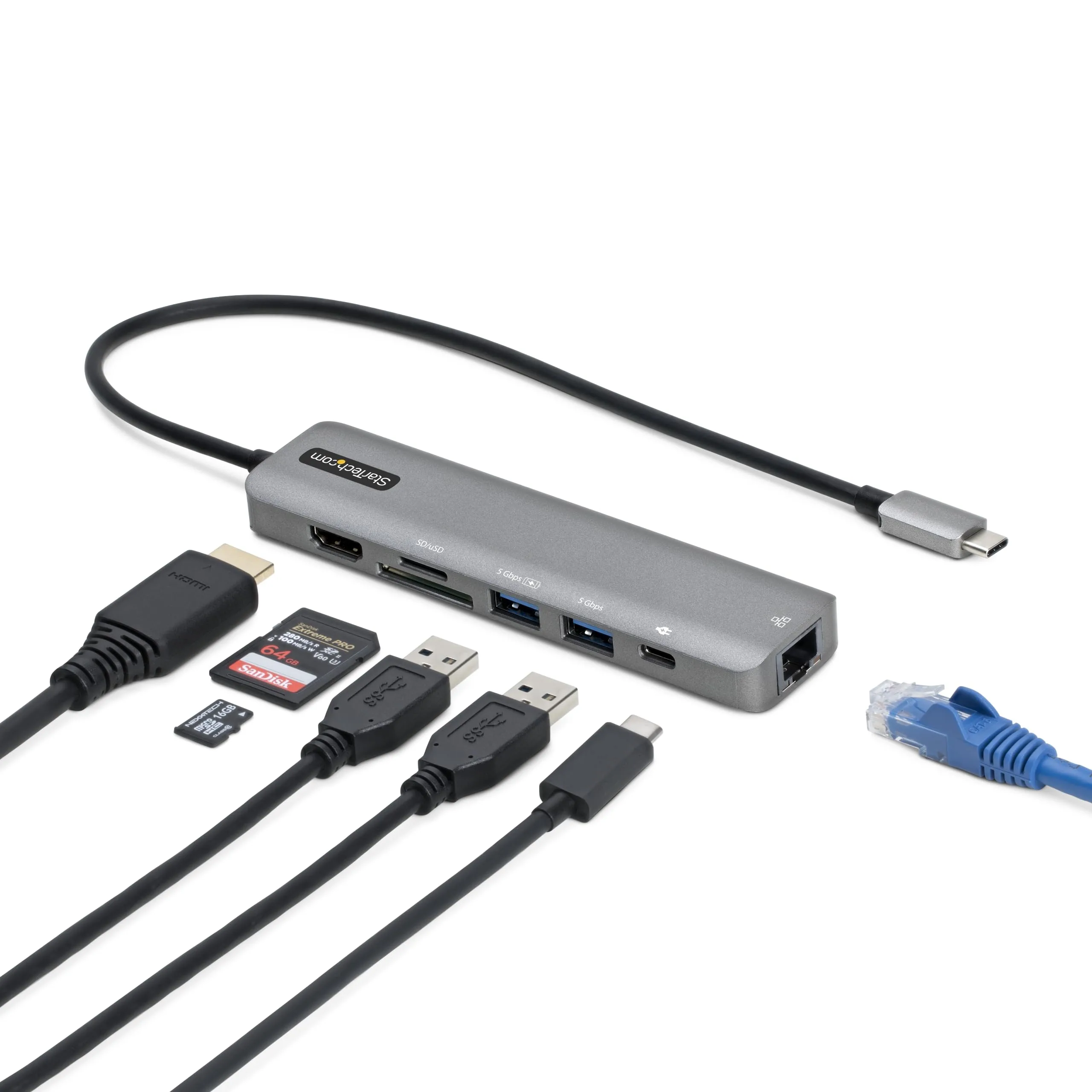 StarTech.com USB-C Multiport Adapter Hub, USB-C to 4K 60Hz HDMI, Gigabit Ethernet and 100W Charging for MacBook Pro/Air