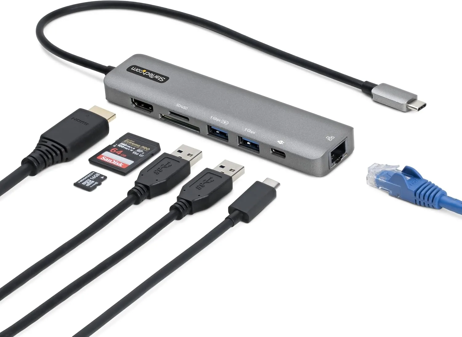 StarTech.com USB-C Multiport Adapter Hub, USB-C to 4K 60Hz HDMI, Gigabit Ethernet and 100W Charging for MacBook Pro/Air
