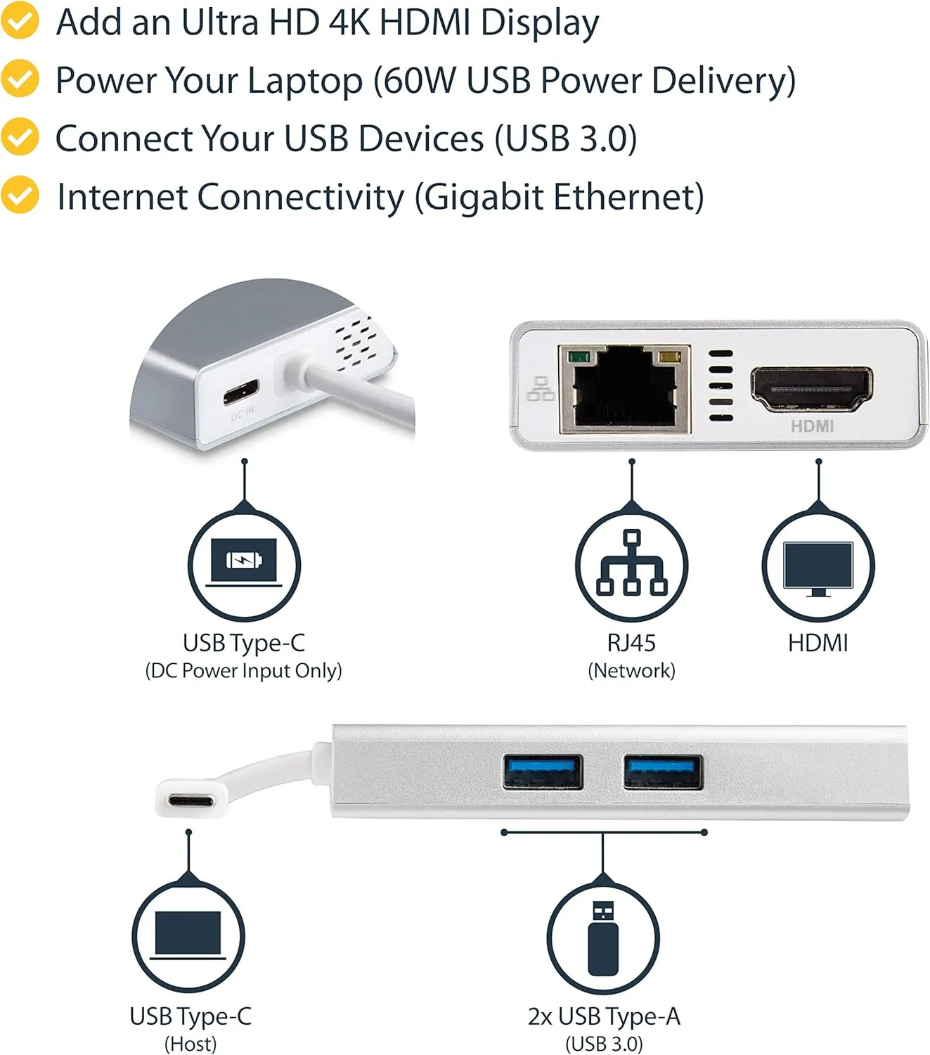 StarTech USB-C Multiport Adapter – 4K HDMI Docking Station, 60W PD, GbE