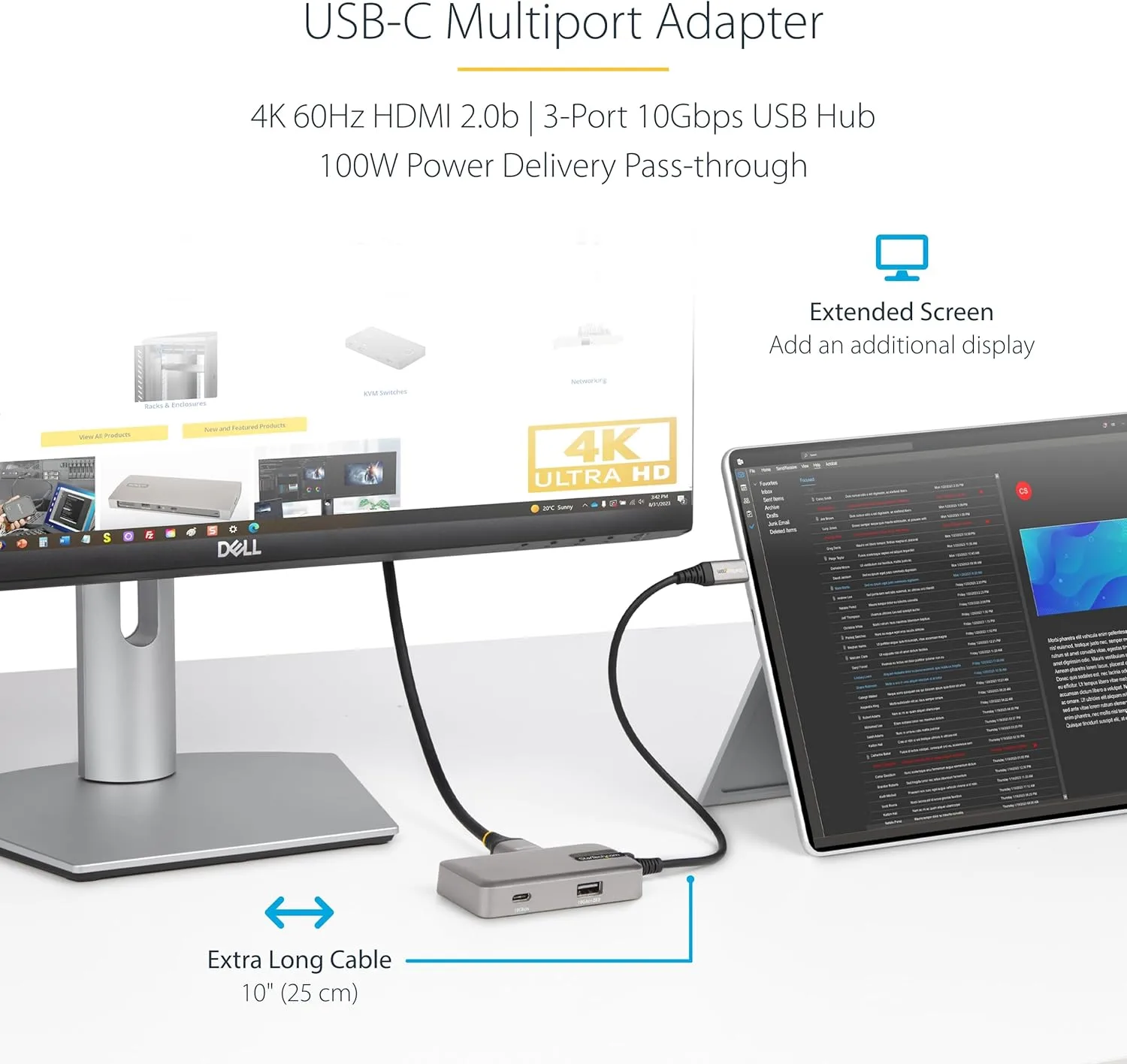 StarTech.com USB C Multiport Adapter - USB-C to 4K 60Hz HDMI 2.0, 100W Power Delivery Pass-Through - 3-Port 10Gbps USB Hub