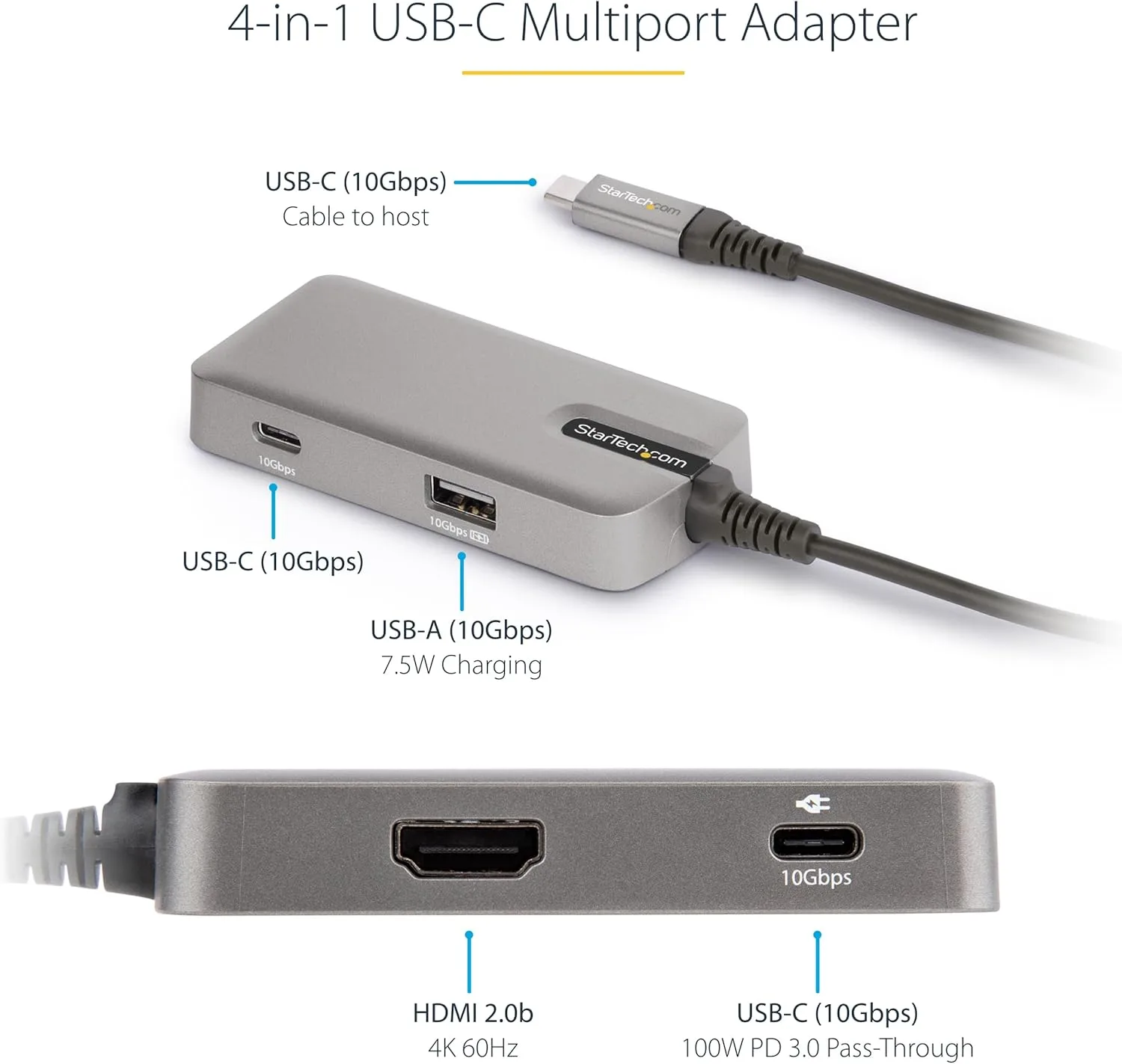 StarTech.com USB C Multiport Adapter - USB-C to 4K 60Hz HDMI 2.0, 100W Power Delivery Pass-Through - 3-Port 10Gbps USB Hub