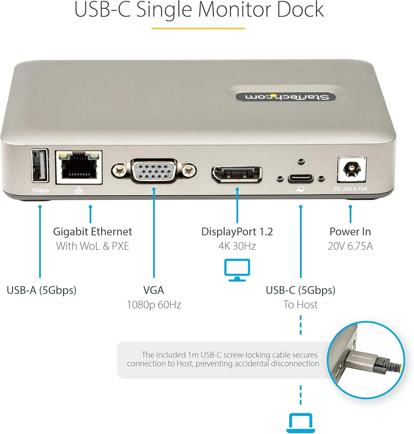 StarTech.com USB C Dock - USB-C to DisplayPort 4K 30Hz or VGA - 65W USB Power Delivery Charging - 4-Port USB 3.1 Gen 1 Hub