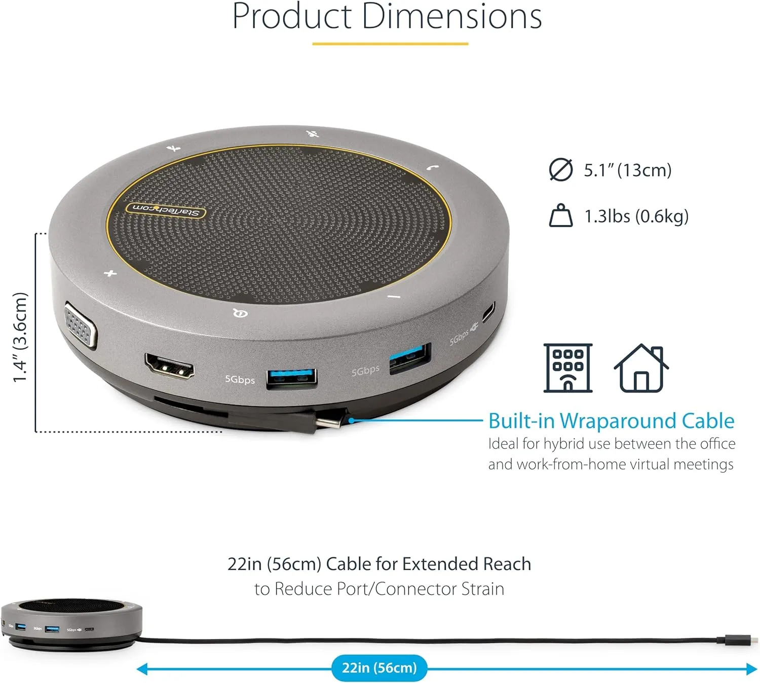 StarTech USB-C Speakerphone Docking Station - 4K HDMI, USB Hub, 100W PD