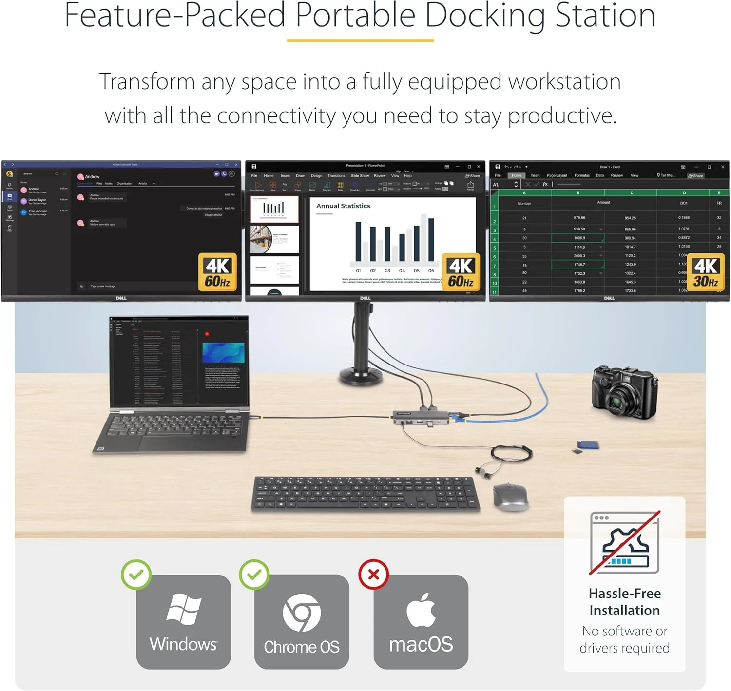 StarTech.com USB-C Docking Station for Windows and ChromeOS, Triple 4K HDMI DP Video, USB 10Gbps Hub - GbE, SD, MicroSD