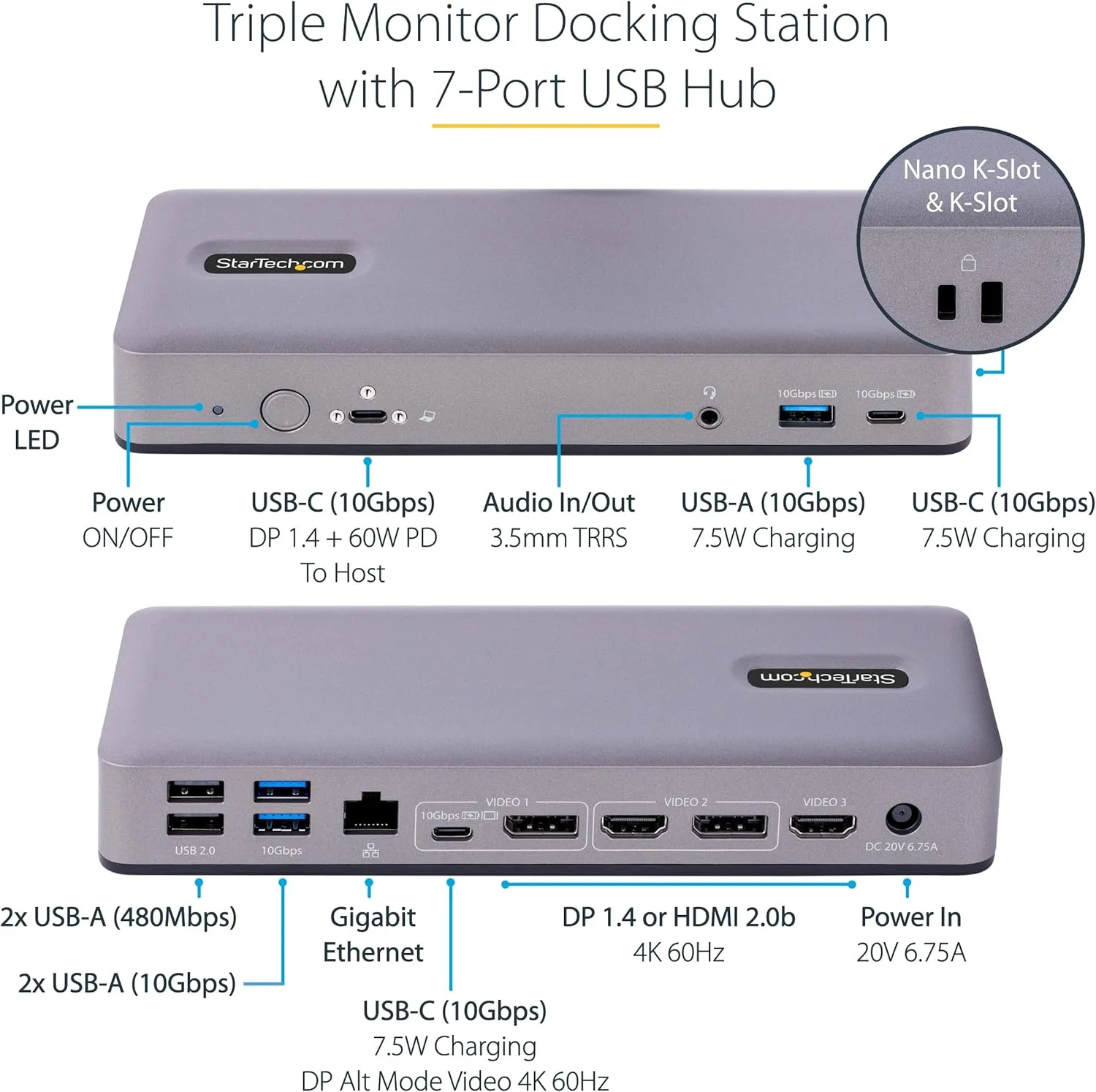 StarTech.com USB-C Docking Station Multi Monitor HDMI/DP/USB-C Video Output, Triple Monitor 4K30/Dual 4K60, 7-Port USB Hub