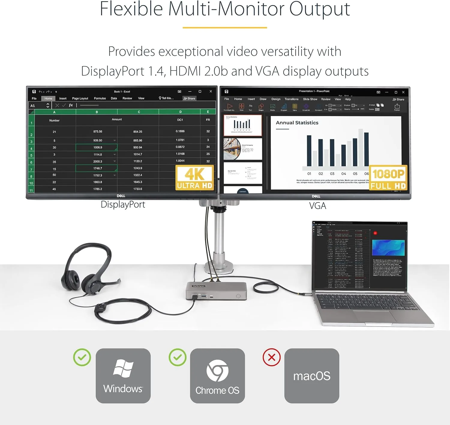 StarTech.com Dual-Monitor USB-C Docking Station, DisplayPort & HDMI or VGA