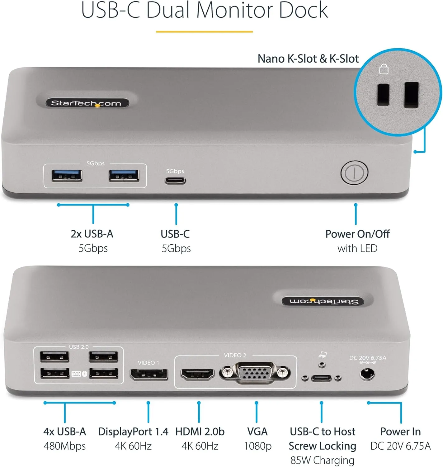 StarTech.com Dual-Monitor USB-C Docking Station, DisplayPort & HDMI or VGA