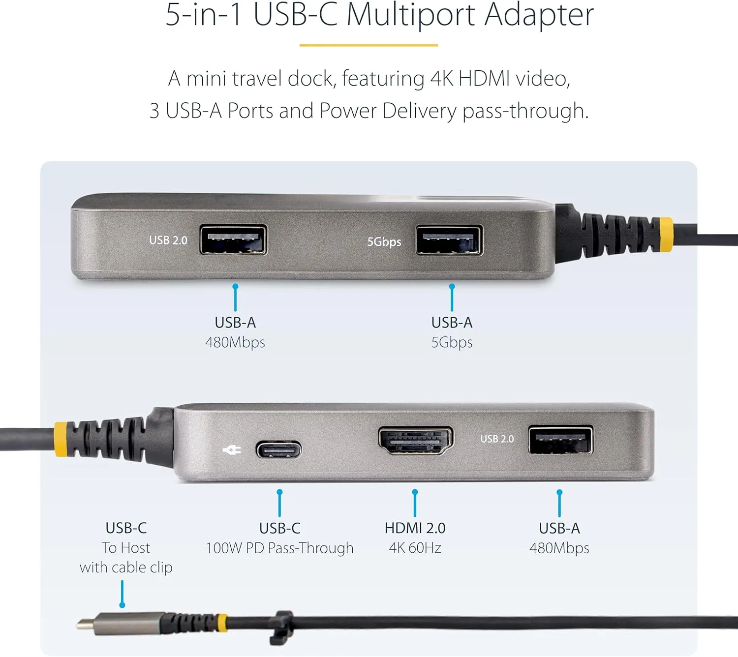 StarTech.com USB-C Multiport Adapter, 4K 60Hz HDMI withHDR, 3-Port USB Hub, 100W Power Delivery Pass-Through