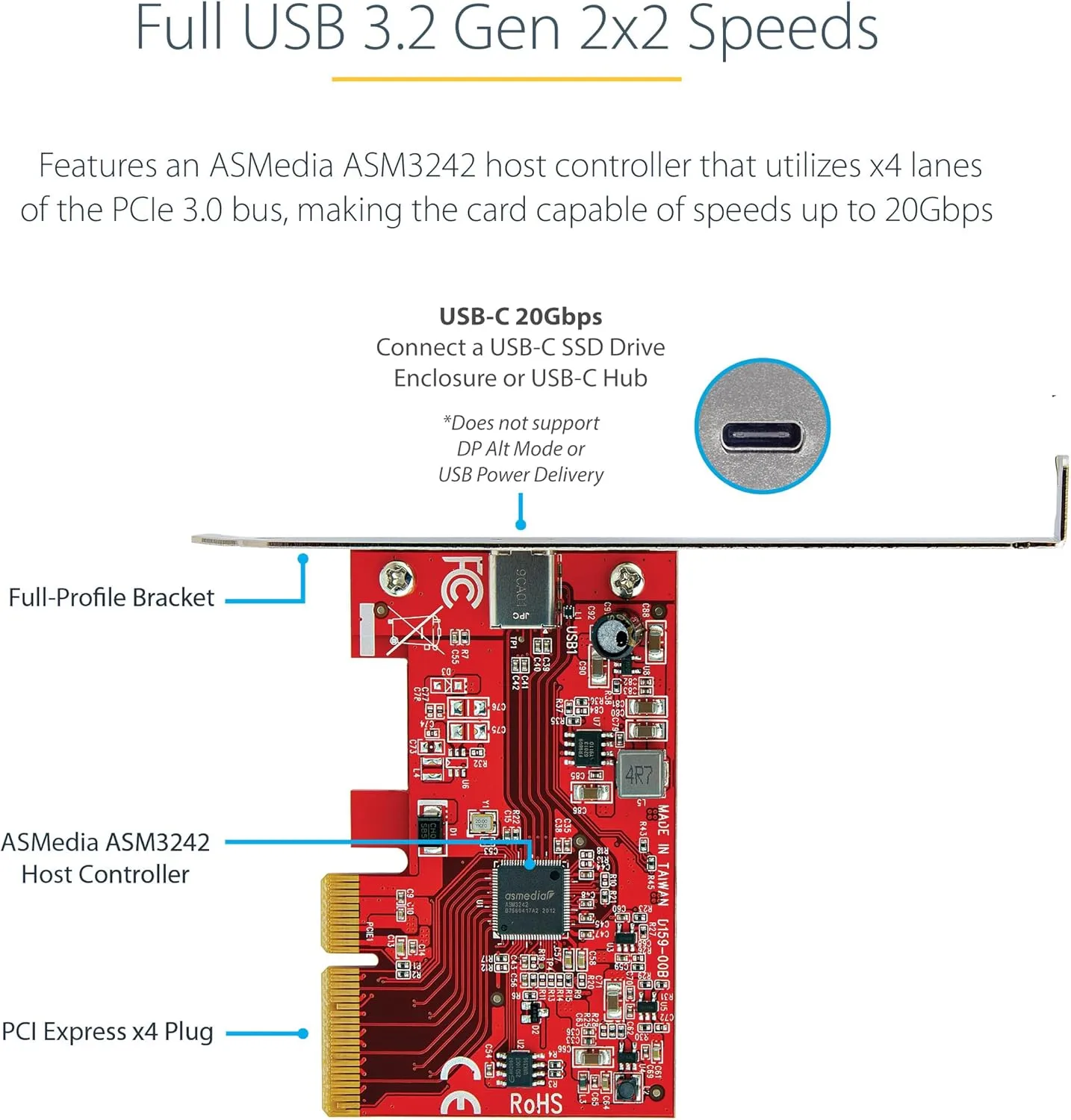 StarTech.com 1-Port USB 3.2 Gen 2x2 PCIe Card, USB-C 20Gbps PCI Express 3.0 x4 Adapter, Data Only, Windows/macOS/Linux, TAA
