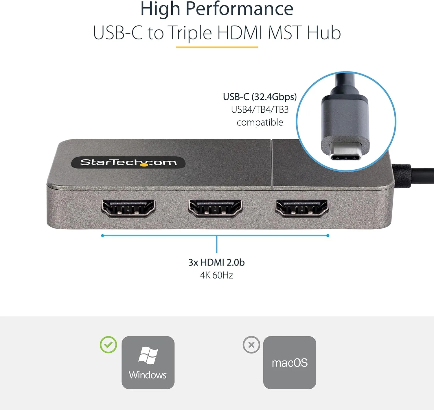 StarTech.com 3-Port USB-C Multi-Monitor Adapter, USB Type-C to 3x HDMI MST Hub