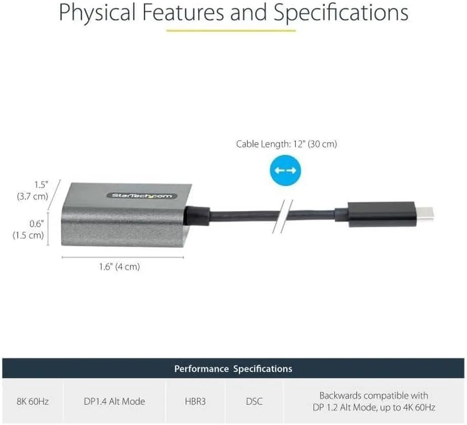 StarTech.com USB C to DisplayPort Adapter, 8K/4K 60Hz USB-C to DisplayPort 1.4 Dongle