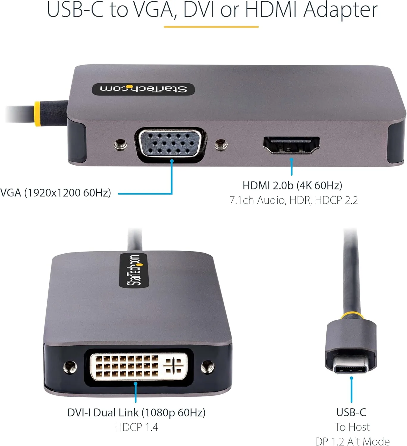 StarTech.com USB C Video Adapter, USB C to HDMI DVI VGA Adapter, Up to 4K 60Hz, Aluminum, Multiport Video Display Adapter