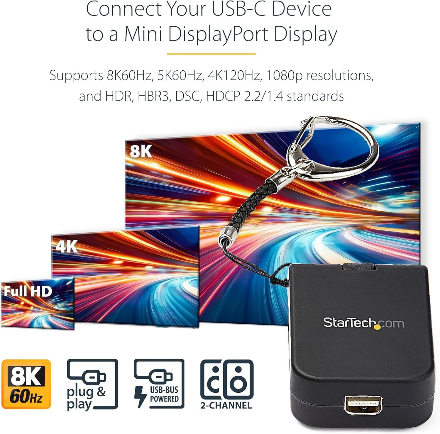 StarTech.com Compact USB C to Mini DisplayPort Adapter - 8K 60Hz/4K USB-C to mDP 1.4 Video Converter withKeychain Ring