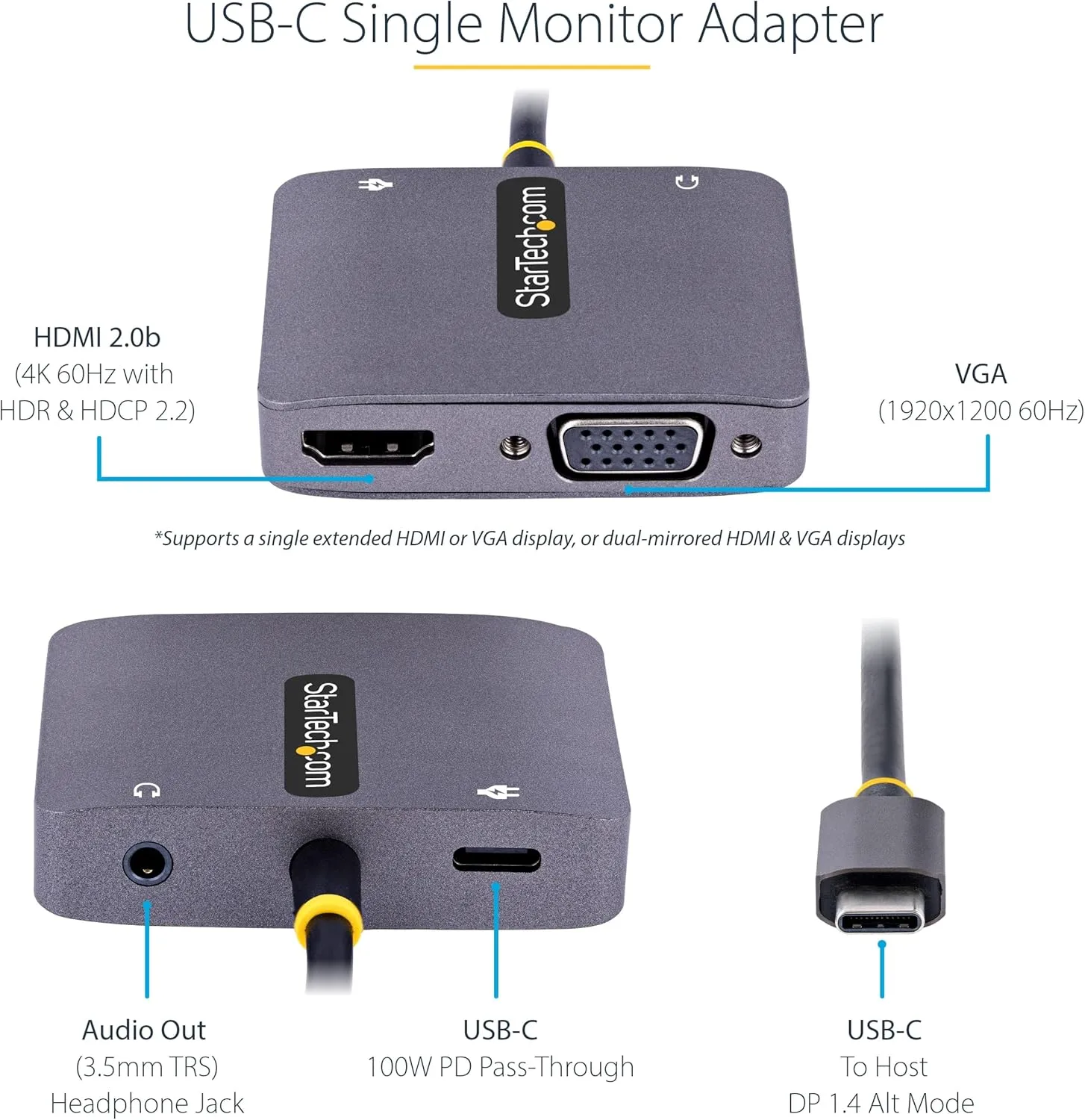 StarTech.com USB C Video Adapter, USB C to HDMI VGA Multiport Adapter w/ 3.5mm Audio Output, 4K 60Hz HDR, 100W PD 3.0