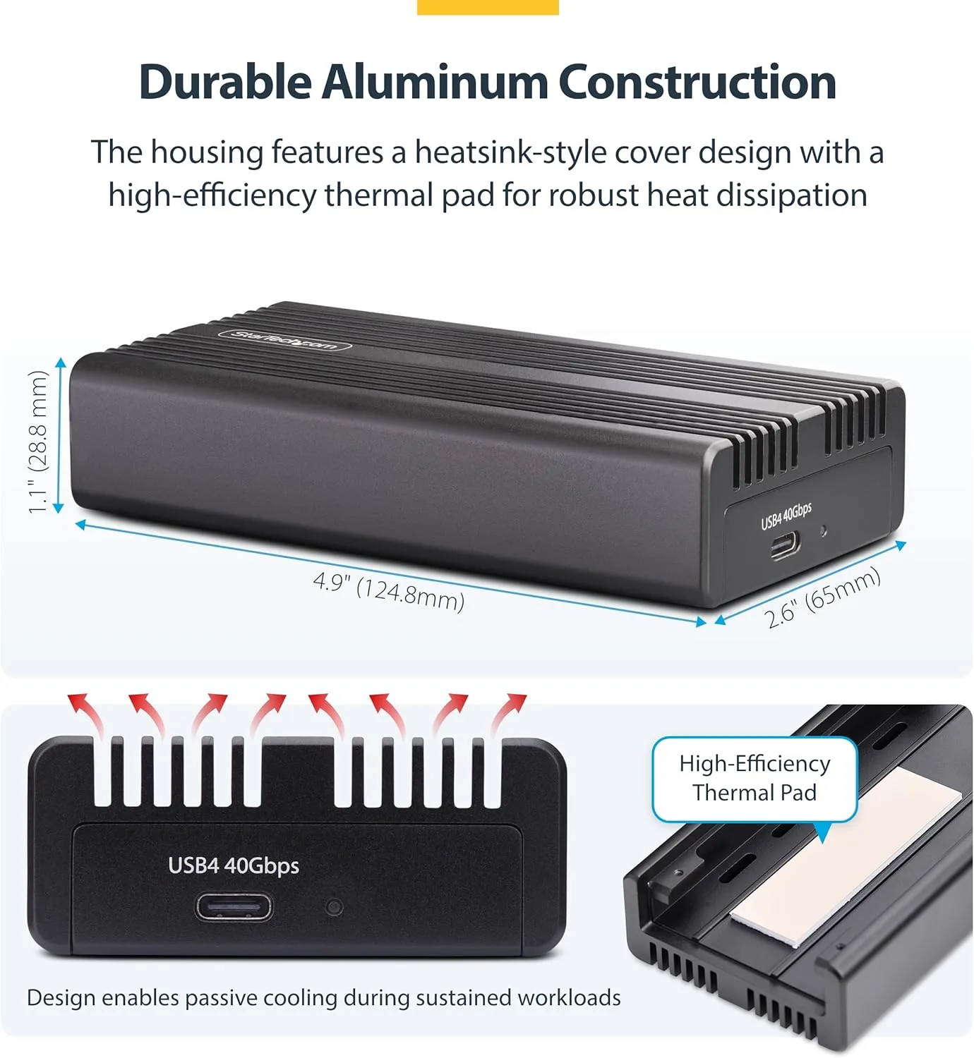 StarTech.com USB4 M.2 NVMe Enclosure, 40Gbps, External USB-C/Thunderbolt NVMe SSD Enclosure, Aluminum Heatsink Case