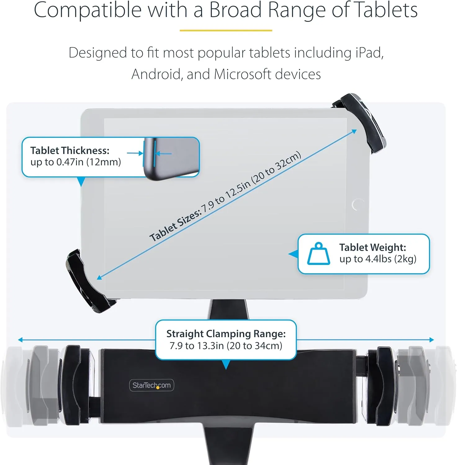 StarTech.com VESA Mount Adapter for Tablets 7.9 to 12.5in - Up to 2kg (4.4lb) - 75x75/100x100 VESA Patterns - Universal Anti-Theft Tablet VESA Mount Clamp - Secure Tablet Mount (Tablet-VESA-Adapter)