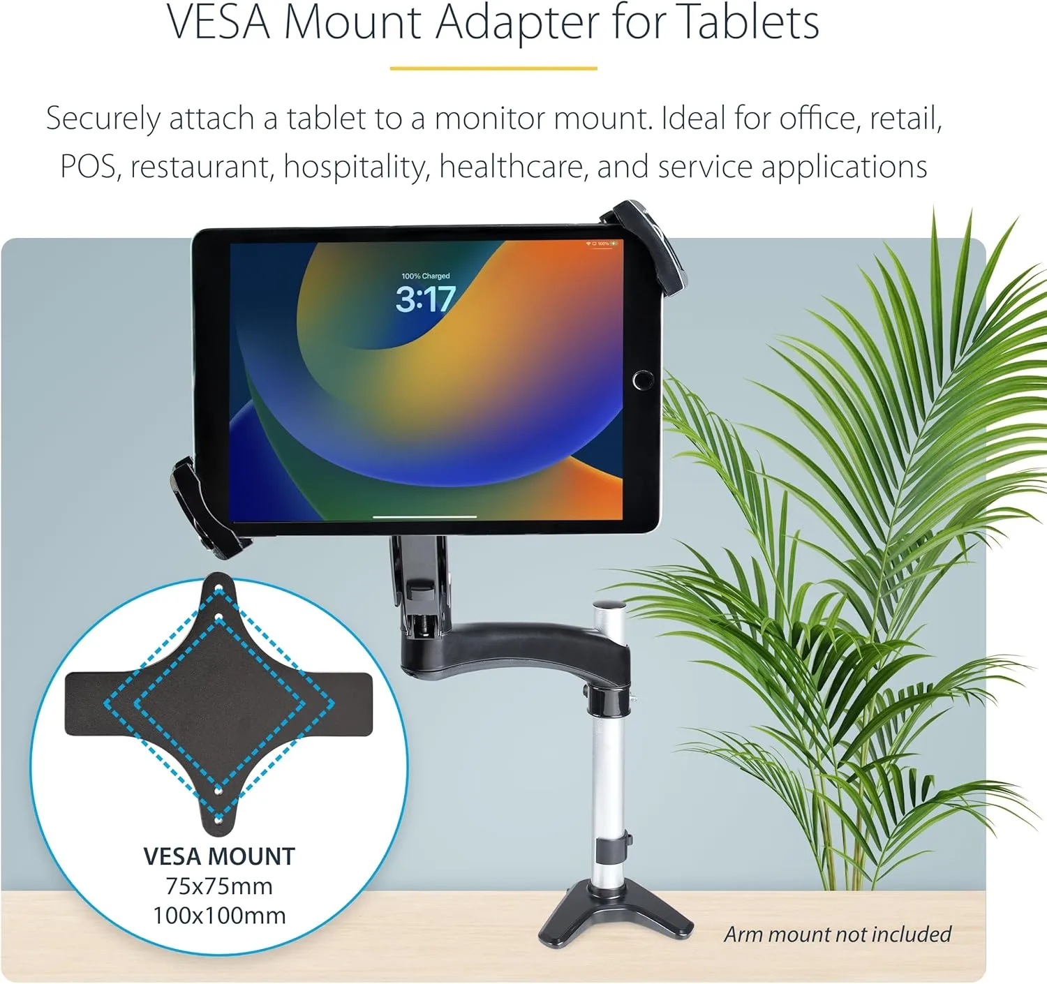 StarTech.com VESA Mount Adapter for Tablets 7.9 to 12.5in - Up to 2kg (4.4lb) - 75x75/100x100 VESA Patterns - Universal Anti-Theft Tablet VESA Mount Clamp - Secure Tablet Mount (Tablet-VESA-Adapter)