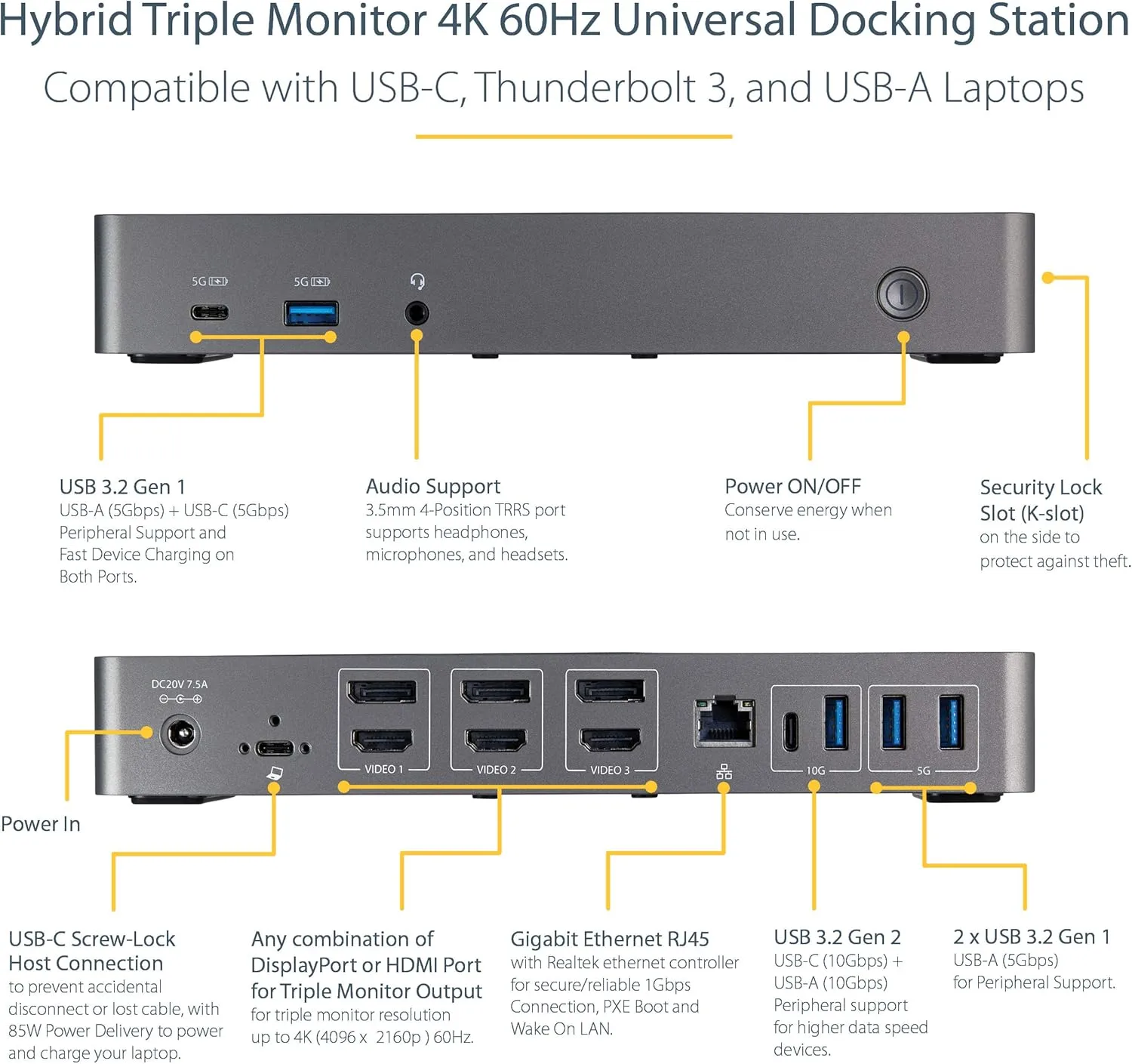 StarTech.com USB-C / USB-A Docking Station - Triple 4K 60Hz