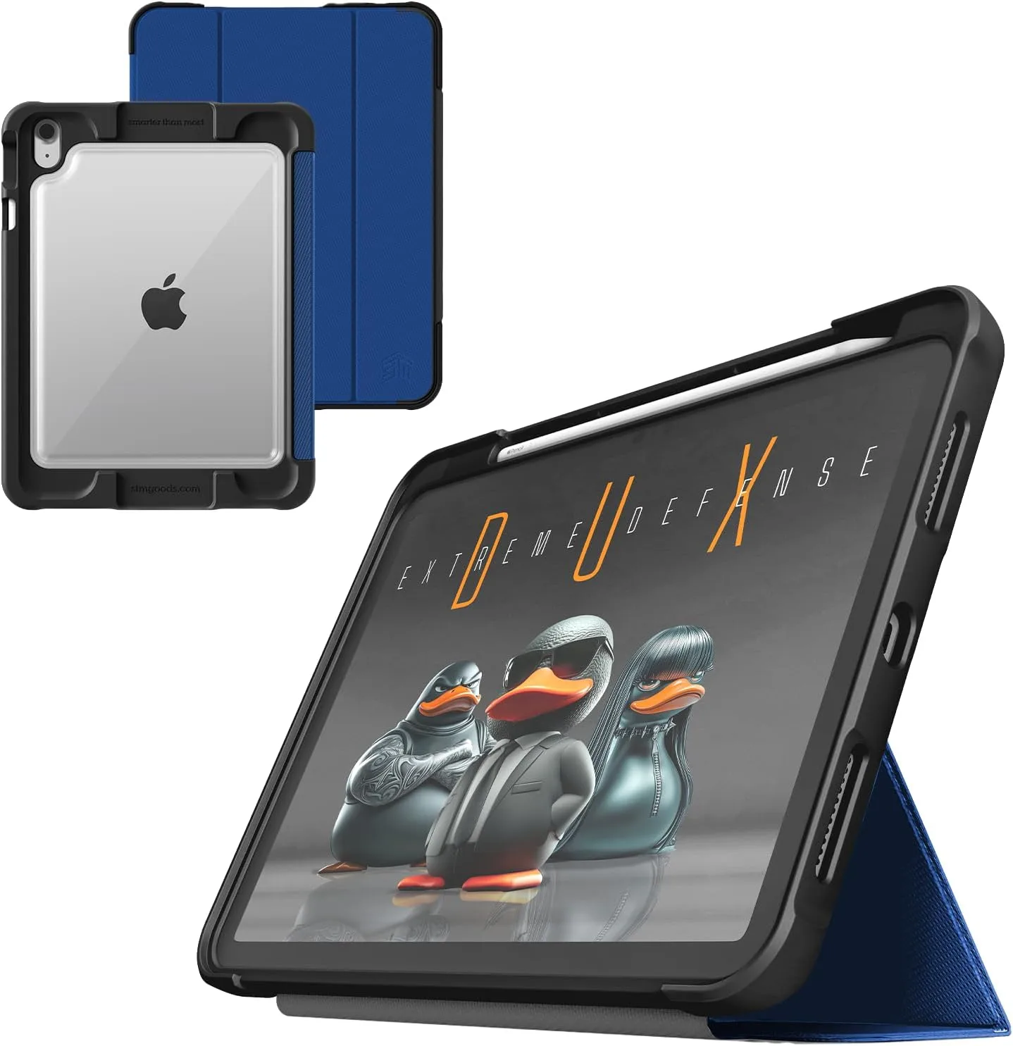 STM Dux Ultra Case for iPad A16/10th Gen – Rugged MIL-SPEC Drop Protection, Snap Magnetic Stand, Pencil & Crayon Storage, Clear Back, Auto Sleep/Wake – Blue