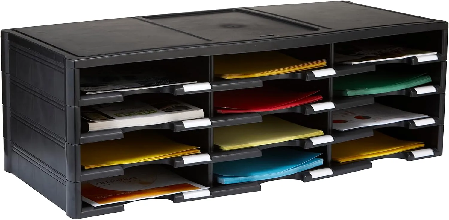 Storex 12-Compartment Literature Organizer - Black Polystyrene