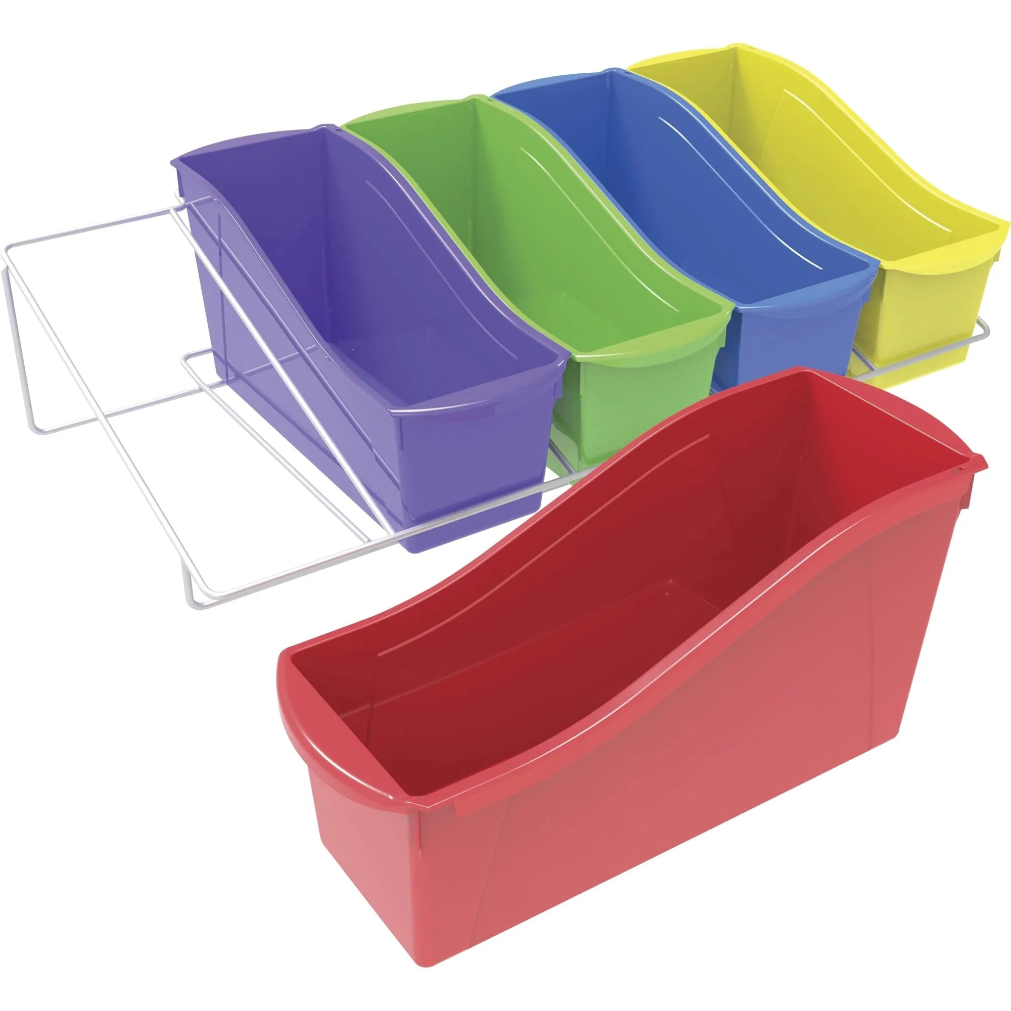 Storex Book Bins with Metal Shelf Rack, 14.3 x 25.69 x 7.25, 5 Assorted Color Bins, White Epoxy Metal Rack