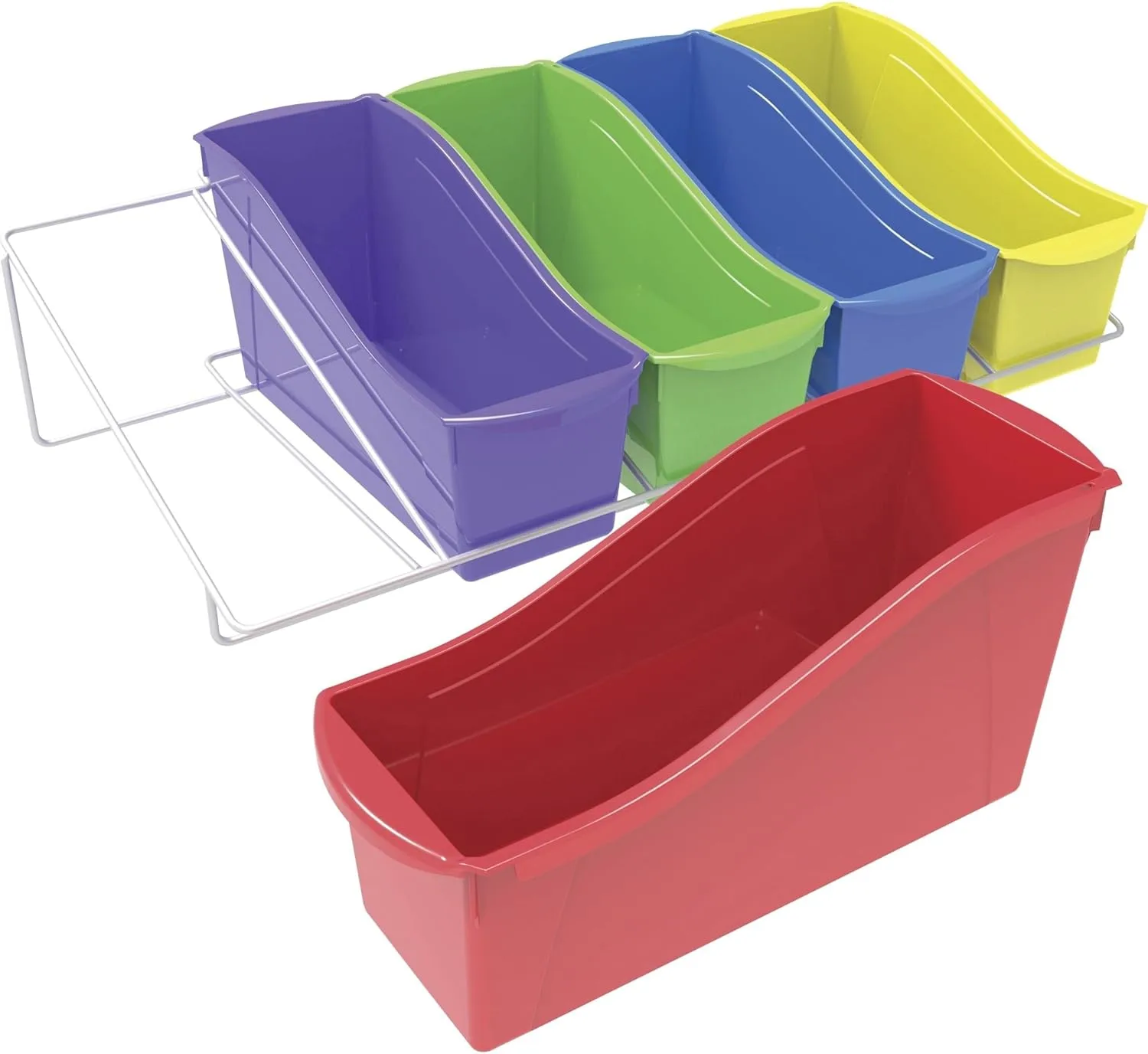 Storex Book Bins with Metal Shelf Rack, 14.3 x 25.69 x 7.25, 5 Assorted Color Bins, White Epoxy Metal Rack