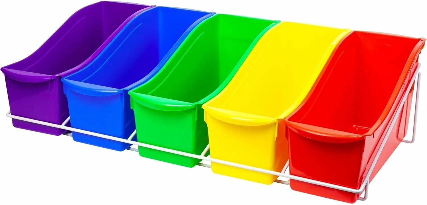 Storex Book Bins with Metal Shelf Rack, 14.3 x 25.69 x 7.25, 5 Assorted Color Bins, White Epoxy Metal Rack