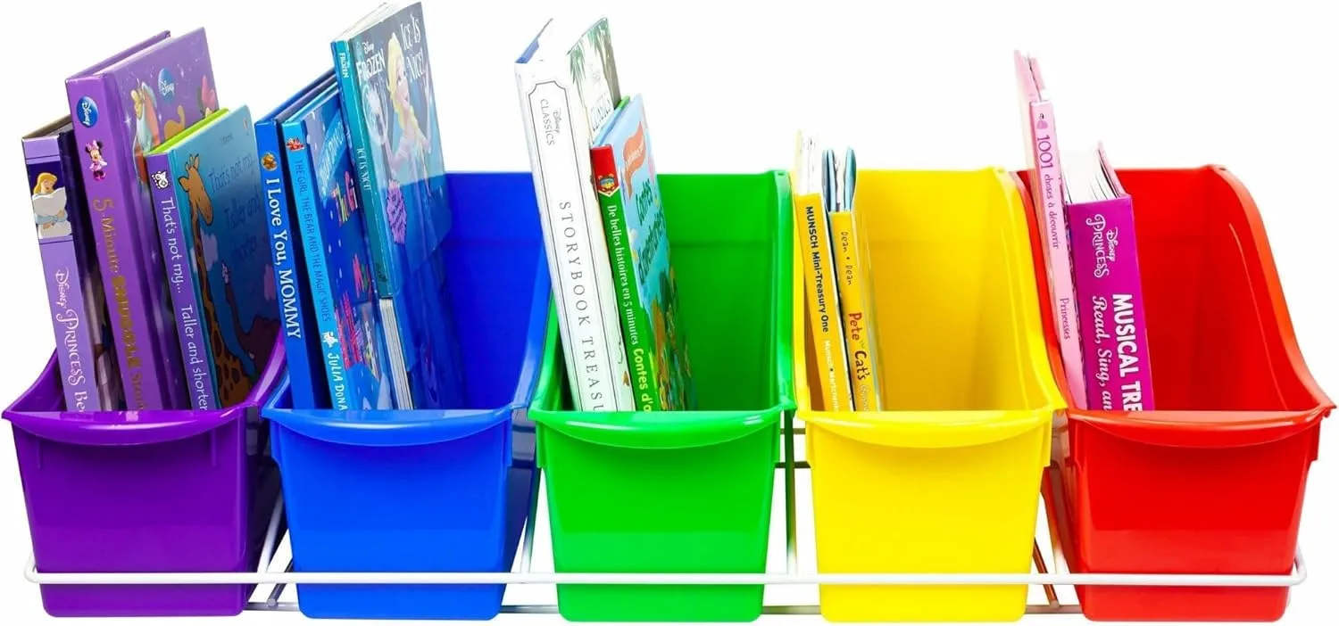 Storex Book Bins with Metal Shelf Rack, 14.3 x 25.69 x 7.25, 5 Assorted Color Bins, White Epoxy Metal Rack