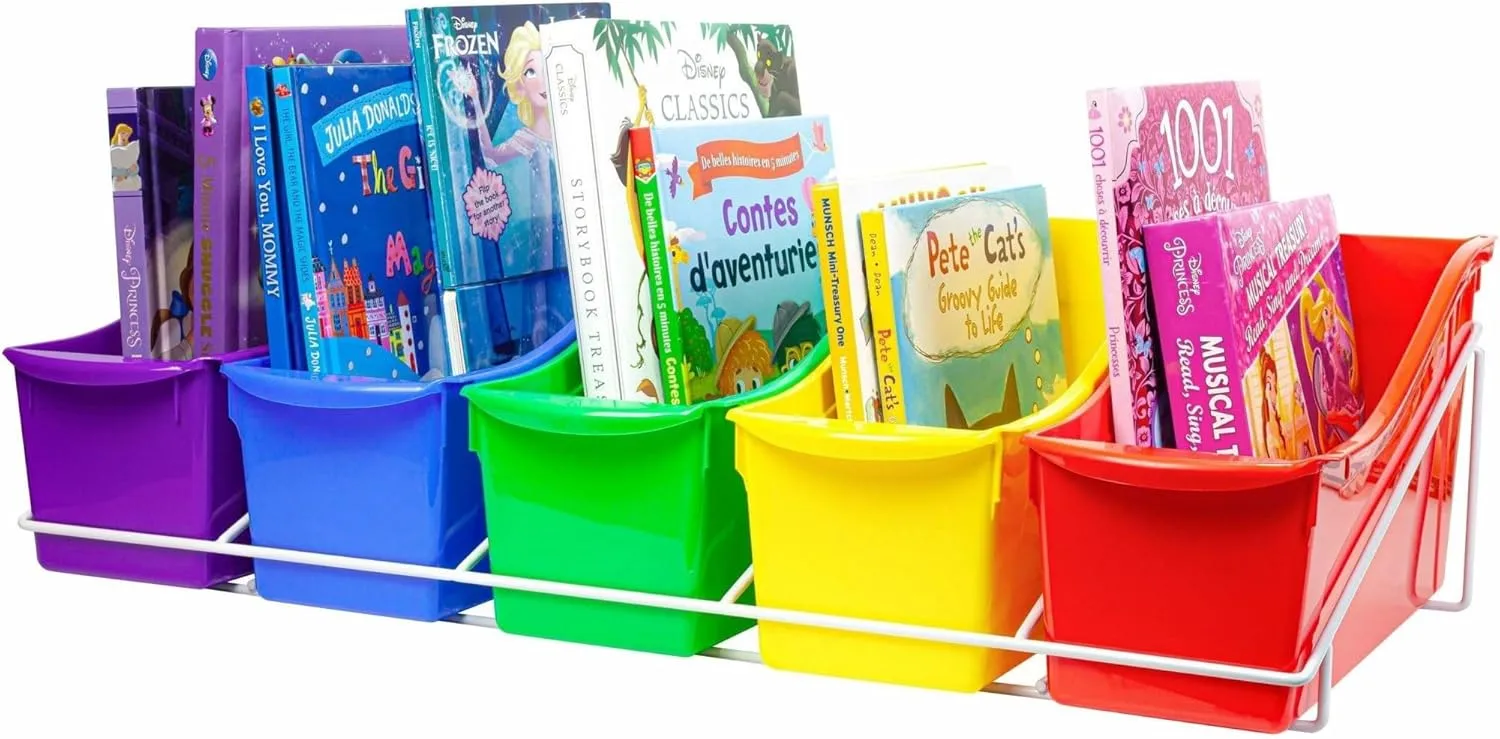 Storex Book Bins with Metal Shelf Rack, 14.3 x 25.69 x 7.25, 5 Assorted Color Bins, White Epoxy Metal Rack