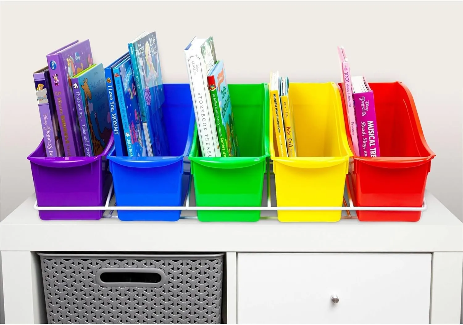 Storex Book Bins with Metal Shelf Rack, 14.3 x 25.69 x 7.25, 5 Assorted Color Bins, White Epoxy Metal Rack