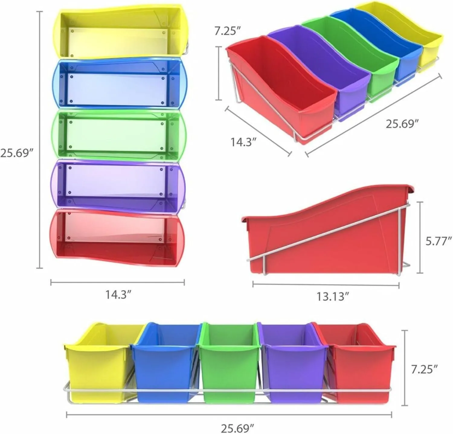 Storex Book Bins with Metal Shelf Rack, 14.3 x 25.69 x 7.25, 5 Assorted Color Bins, White Epoxy Metal Rack