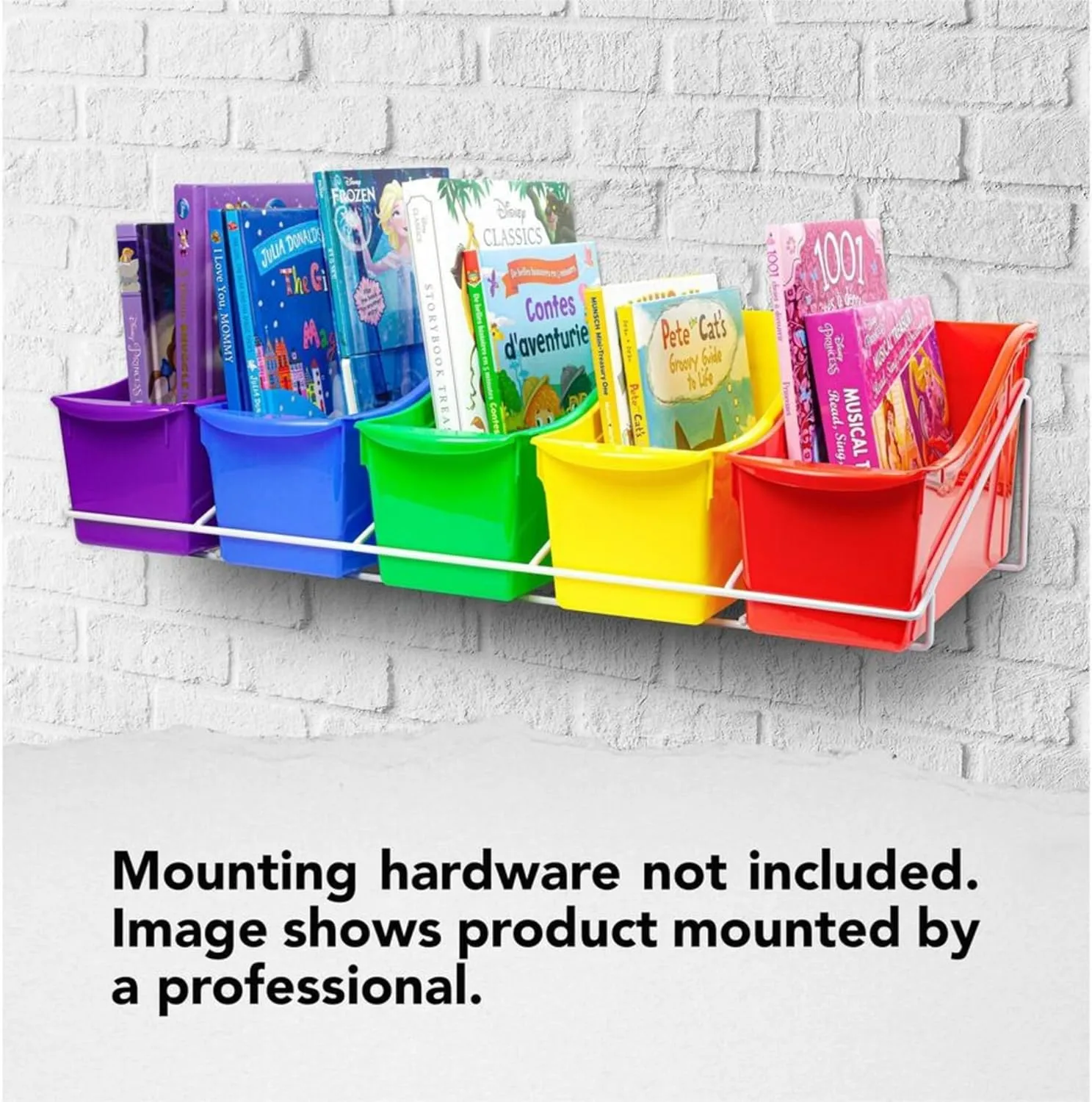 Storex Book Bins with Metal Shelf Rack, 14.3 x 25.69 x 7.25, 5 Assorted Color Bins, White Epoxy Metal Rack