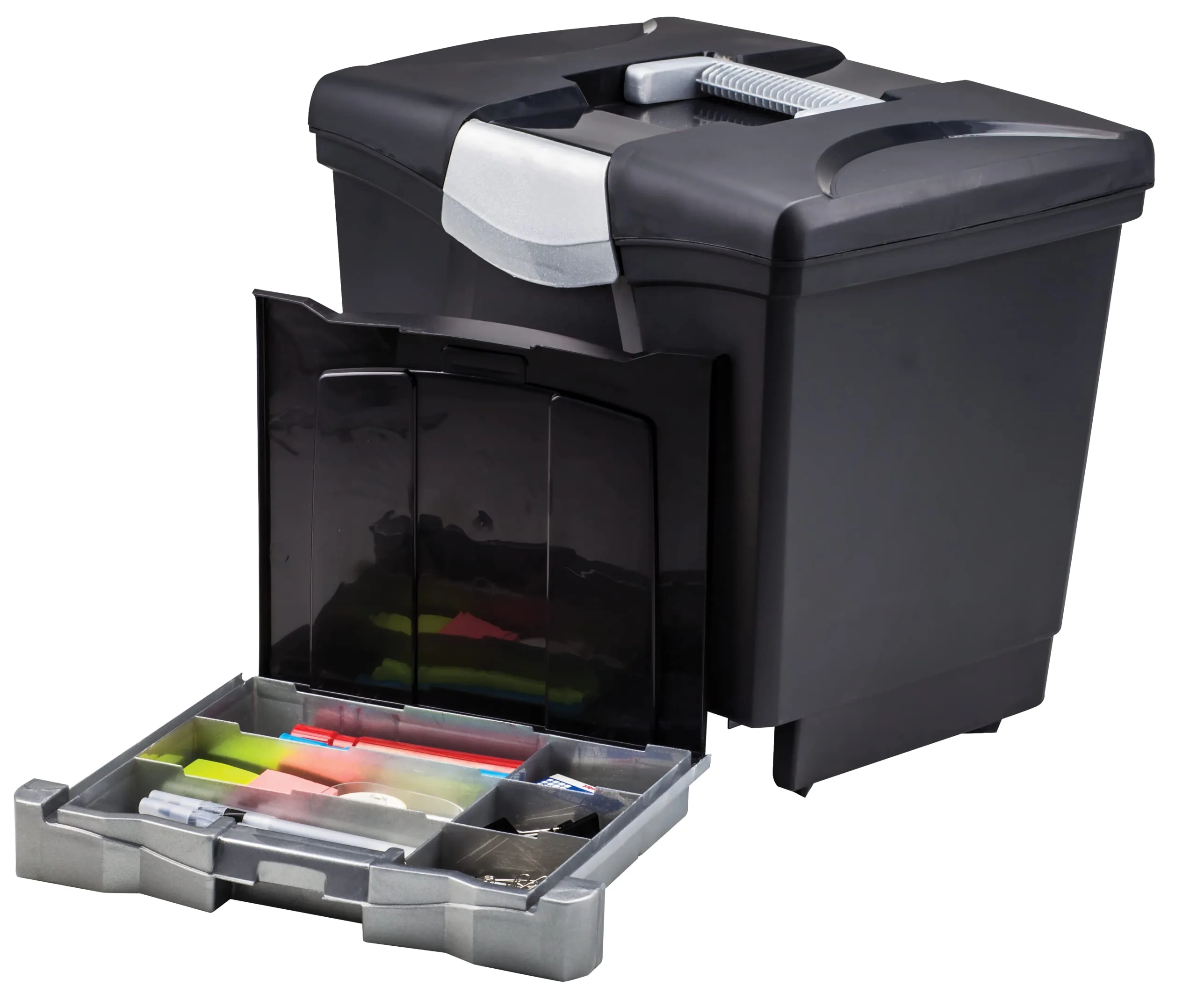 Storex Portable File Storage Box with Drawer Tray, Latch Lid, Letter Size, Black (61523U01C)