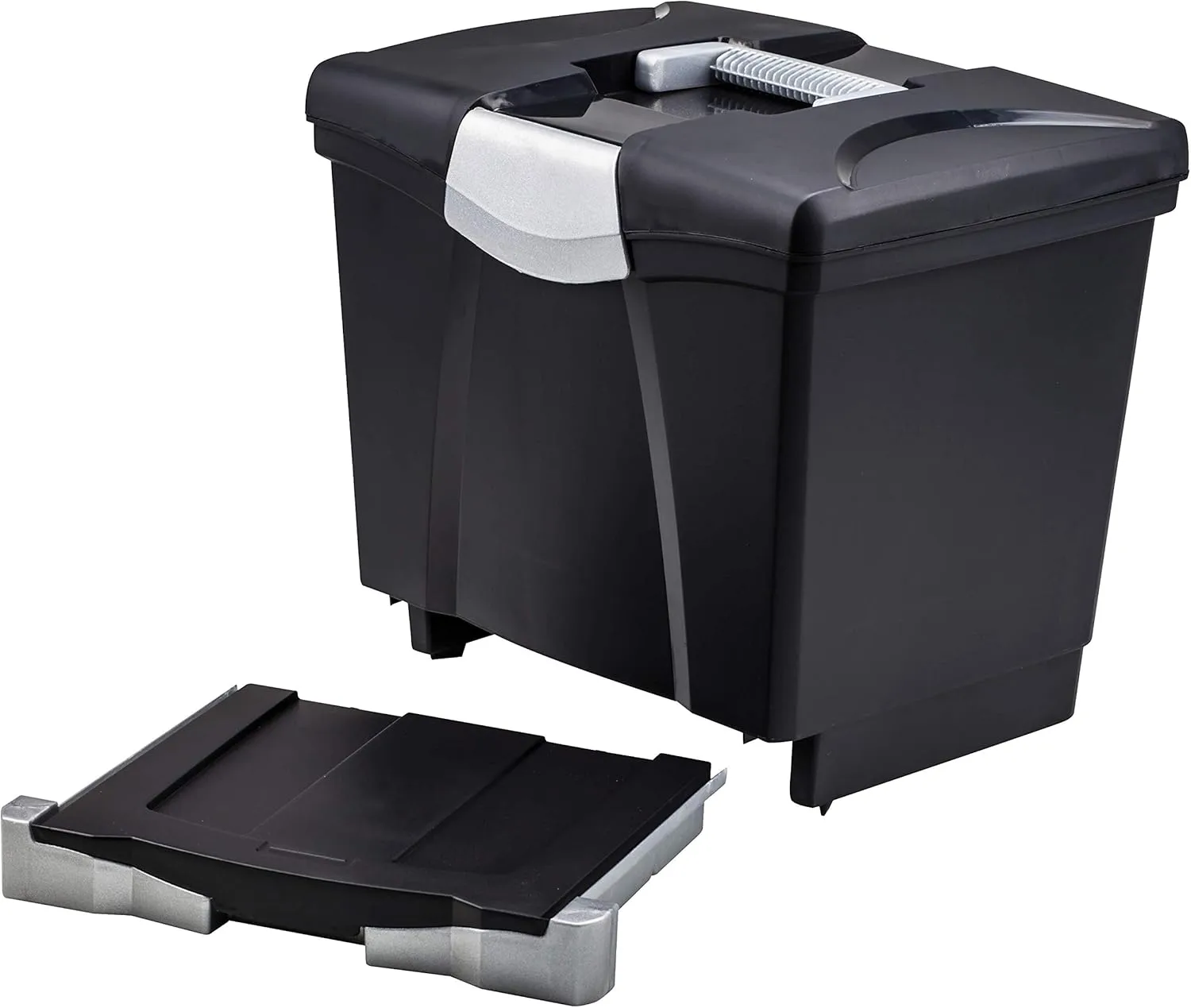 Storex Portable File Storage Box with Drawer Tray, Latch Lid, Letter Size, Black (61523U01C)
