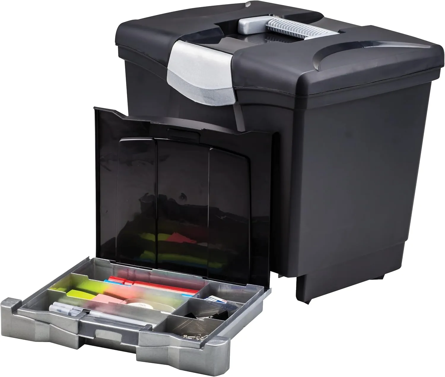 Storex Portable File Storage Box with Drawer Tray, Latch Lid, Letter Size, Black (61523U01C)