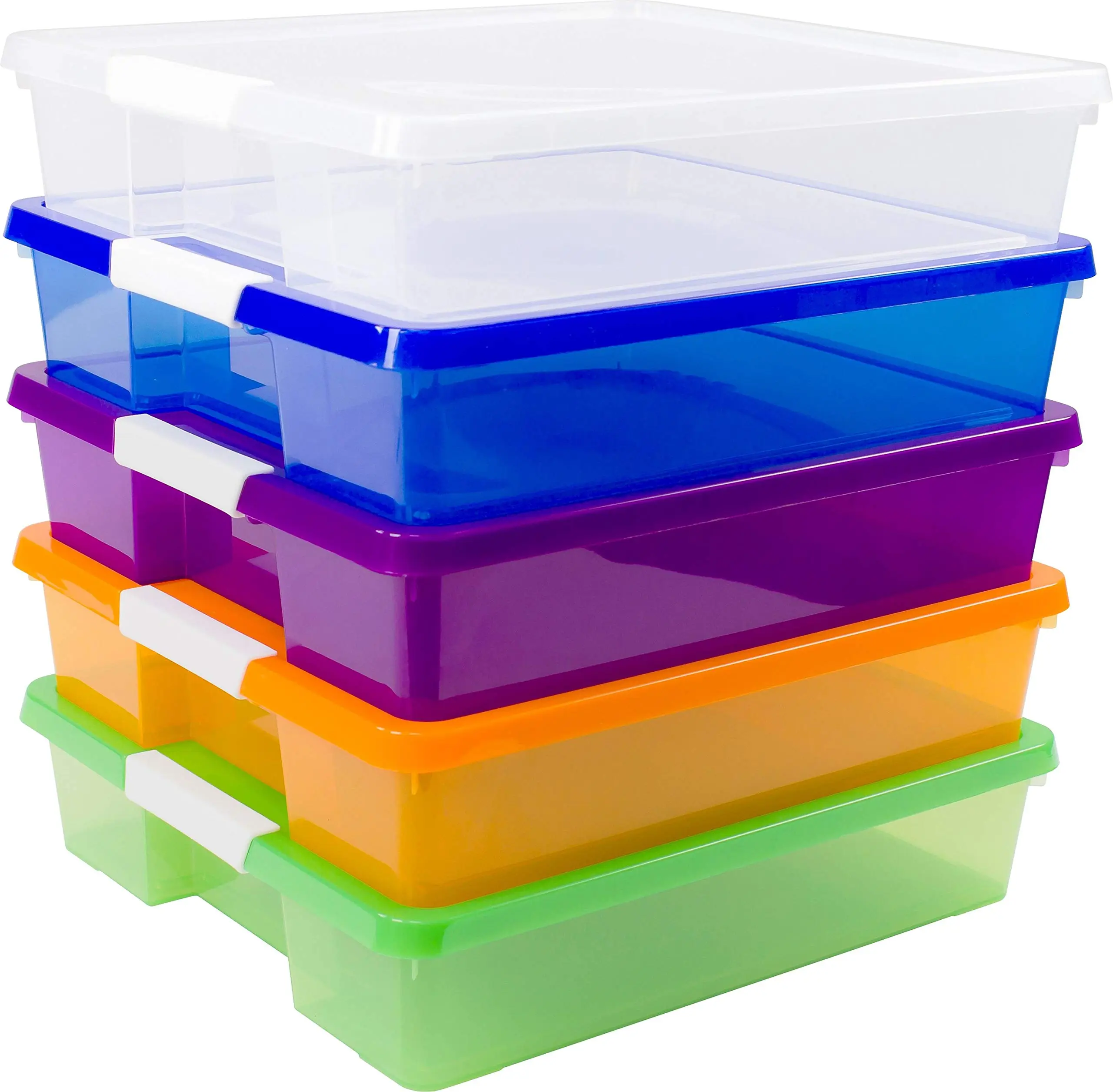 Storex Stackable Craft Boxes, Small Size, 3in x 14in x 14in, Assorted Bright, Carton Of 5