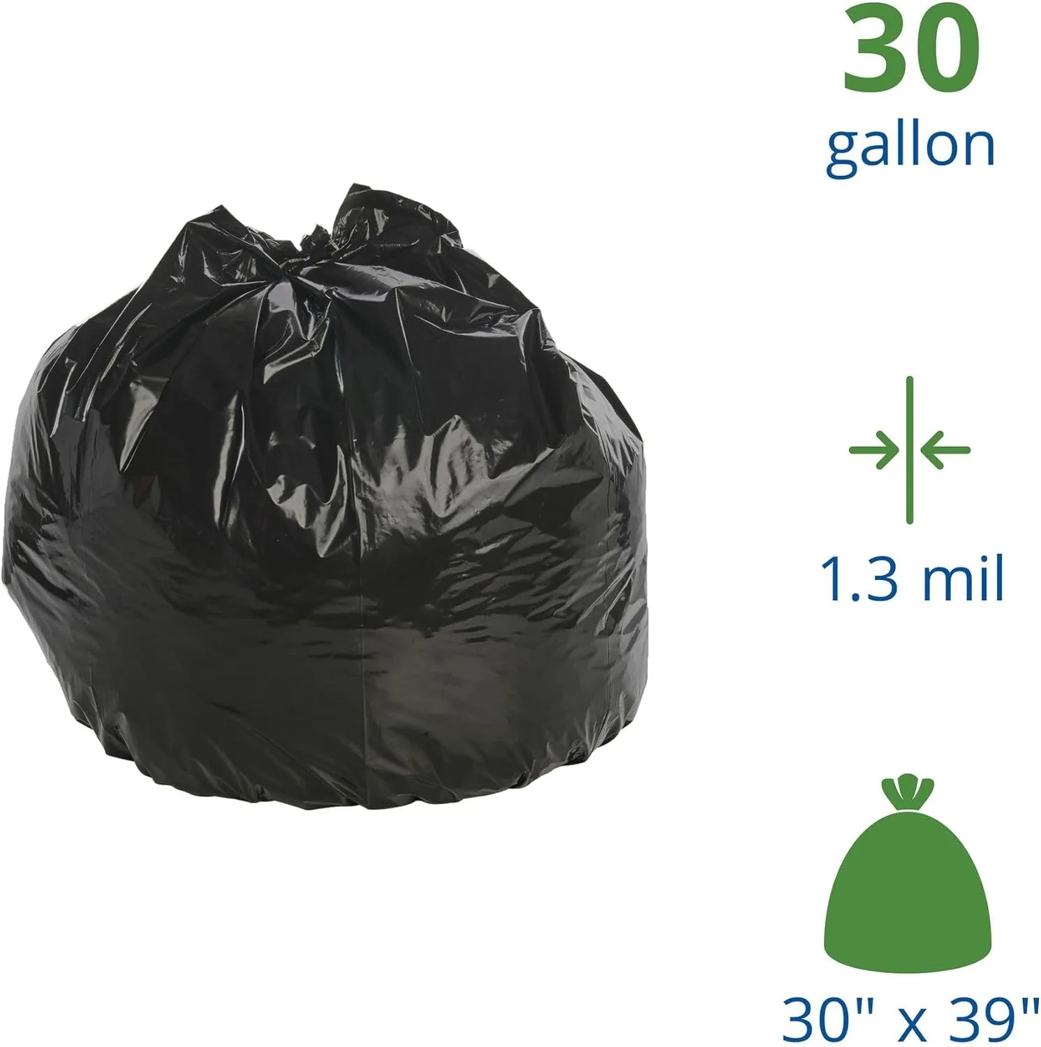 Stout by Envision 30 Gallon Heavy Duty Total Recycled Content (TRC) Trash Bags, X-Heavy 1.3 Mil Plastic, 30% PCM, 100 Bags, 30"x39" (T3039B13)