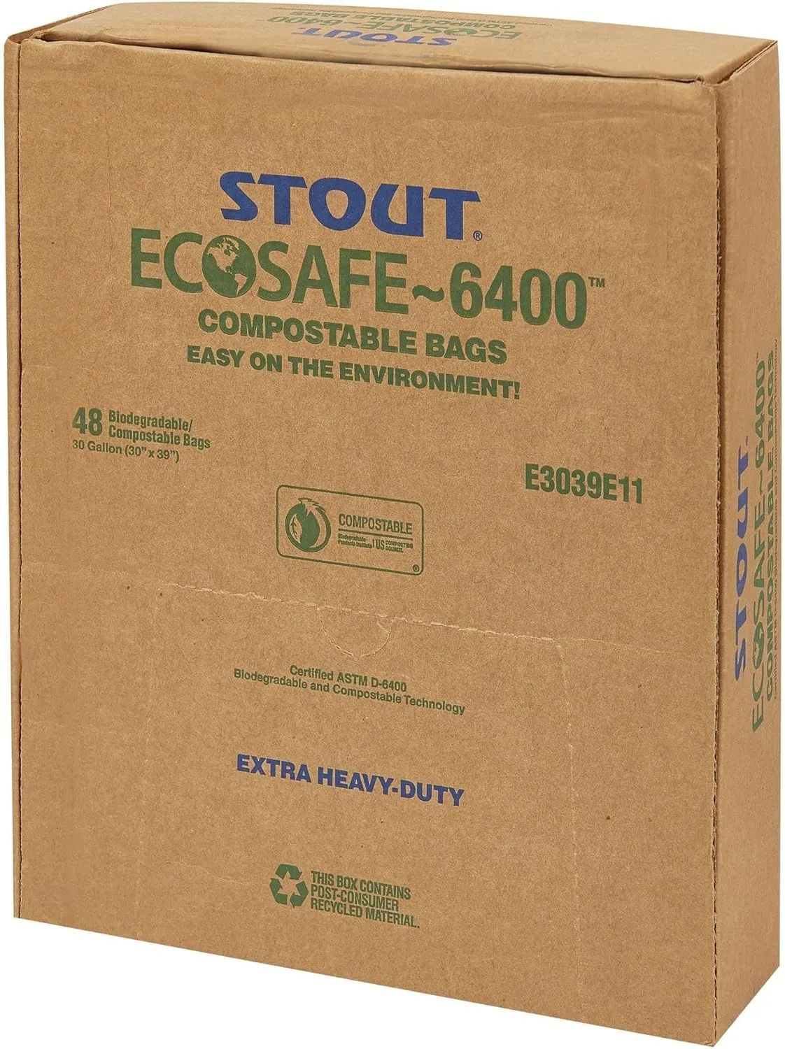 Stout E2430E85 EcoSafe-6400 Compostable Compost Bags 13gal .85mil 24 x 30 Green 45/Box
