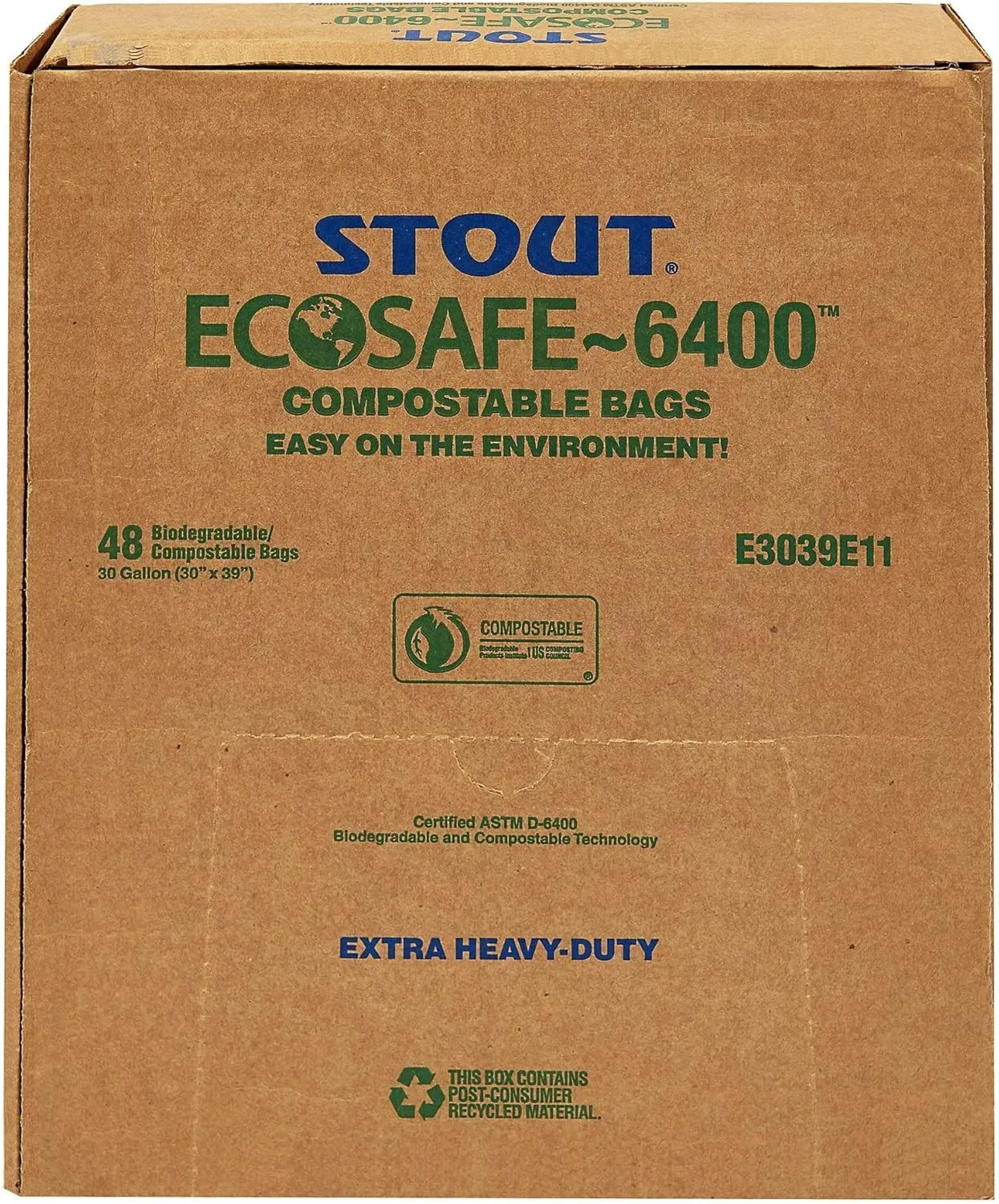 Stout E2430E85 EcoSafe-6400 Compostable Compost Bags 13gal .85mil 24 x 30 Green 45/Box