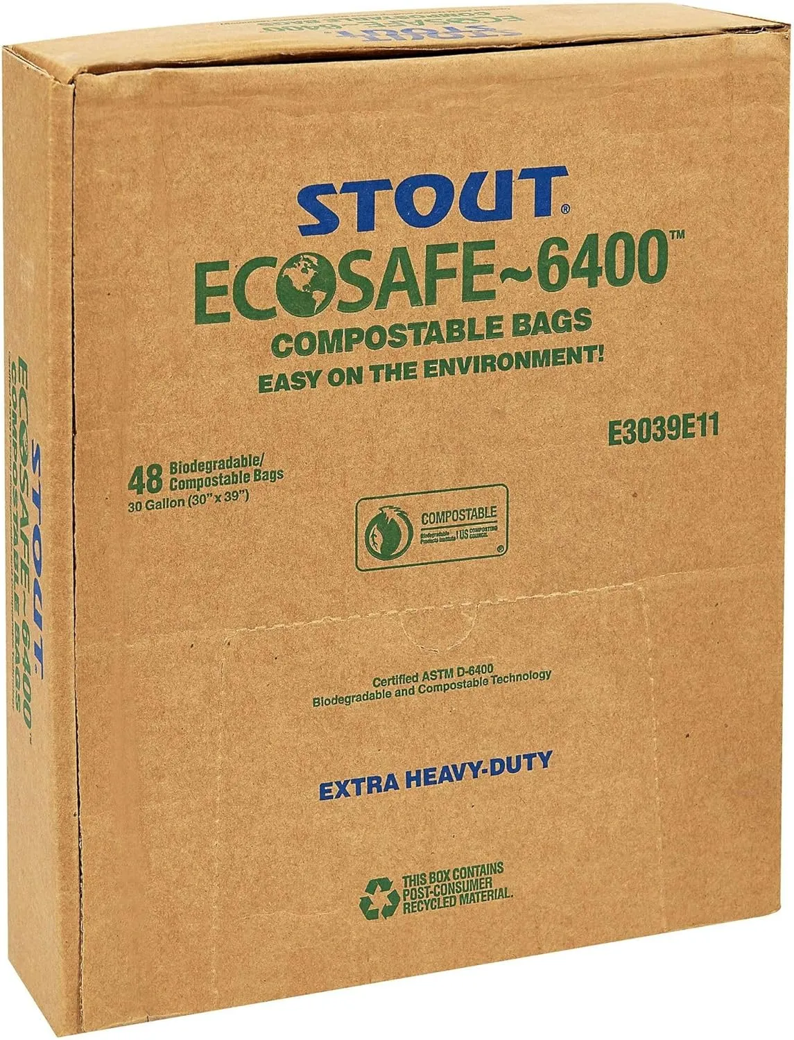 Stout EcoSafe-6400 Compostable Bags, 0.85 mil, 64-Gallon (48 x 60), Green, 30/Box