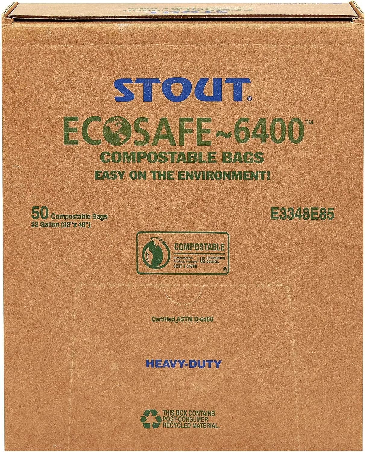 Stout by Envision Ecosafe-6400 Bags, 32 Gal, 0.85 Mil, 33" X 48", Green, 50/box